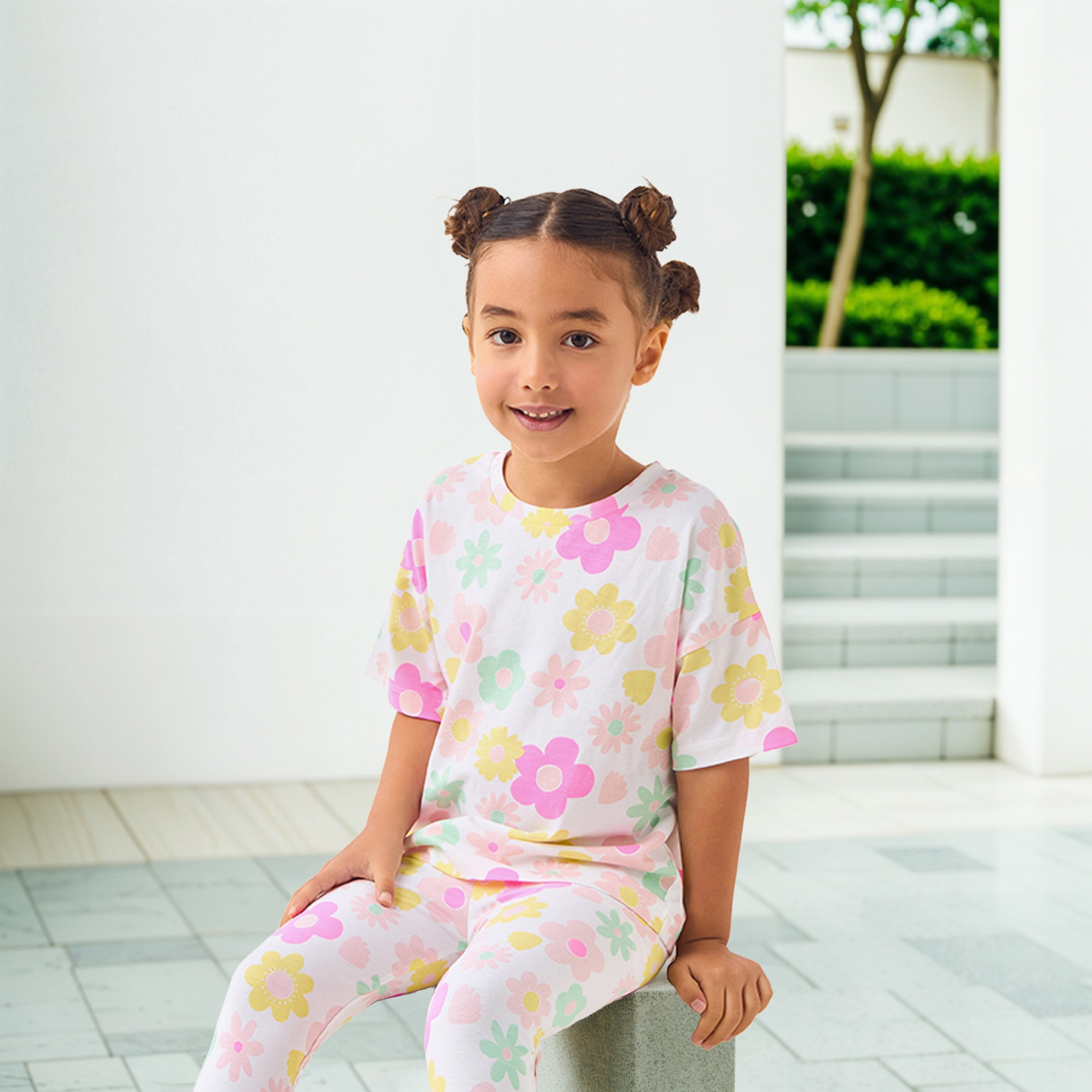 Juniors All-Over Flower Print T-shirt with Drop Shoulder Sleeves-girls-clothing-tshirts-image-1