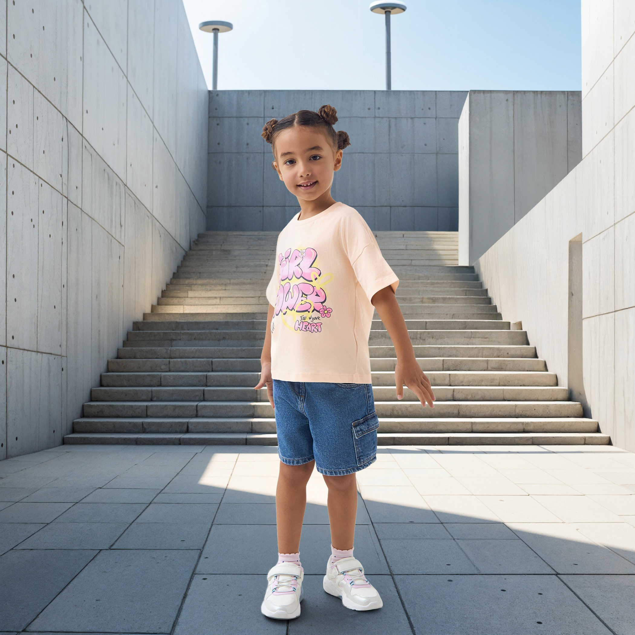 تيشيرت بأكتاف متدلية وطبعات شعار من جونيورز-girls-clothing-tshirts-image-2