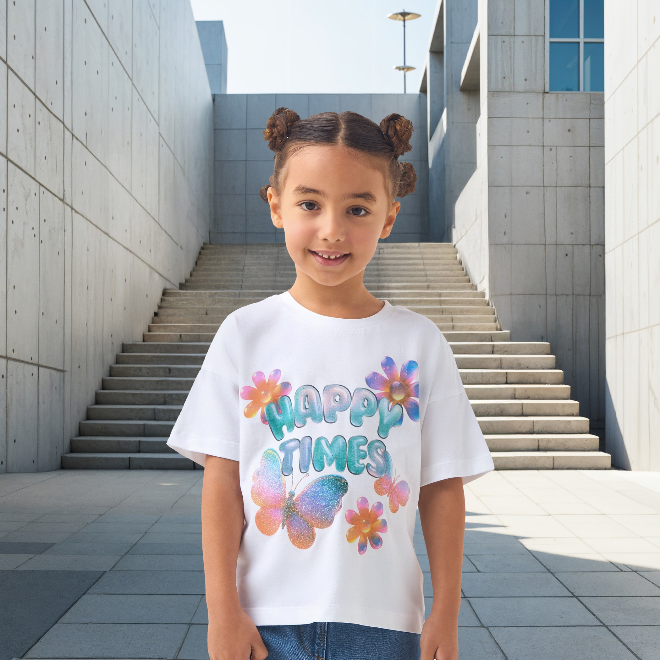 تيشيرت بأكتاف متدلية وطبعات تايبوجرافيك من جونيورز-girls-clothing-tshirts-image-1