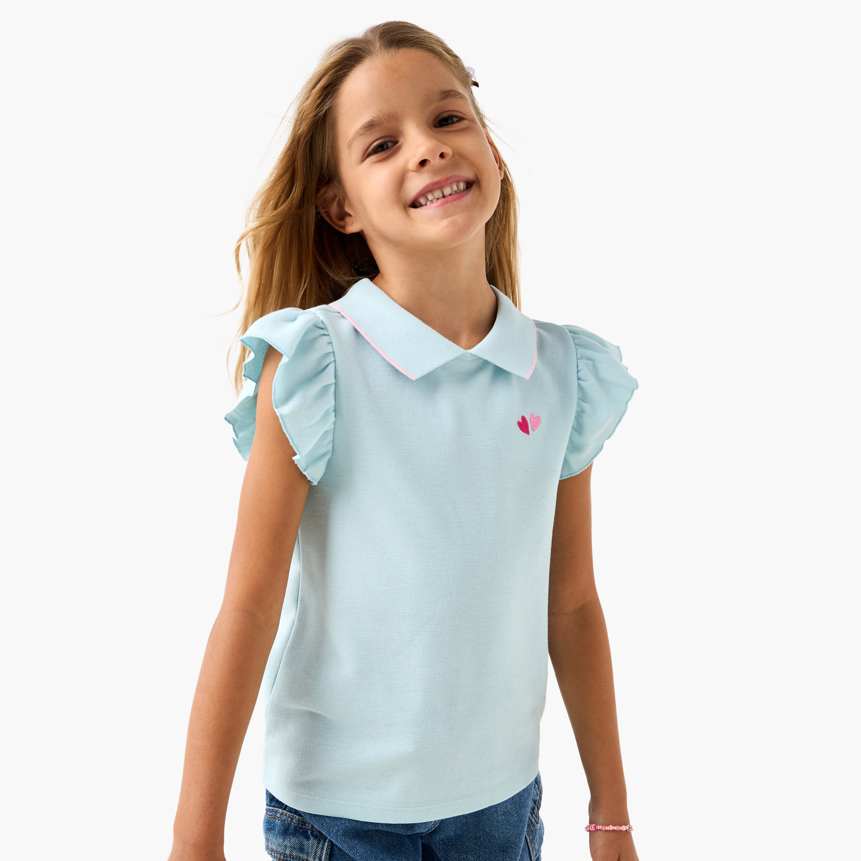 Juniors Embroidered Detail Polo T-shirt with Short Sleeves-girls-clothing-tshirts-image-1