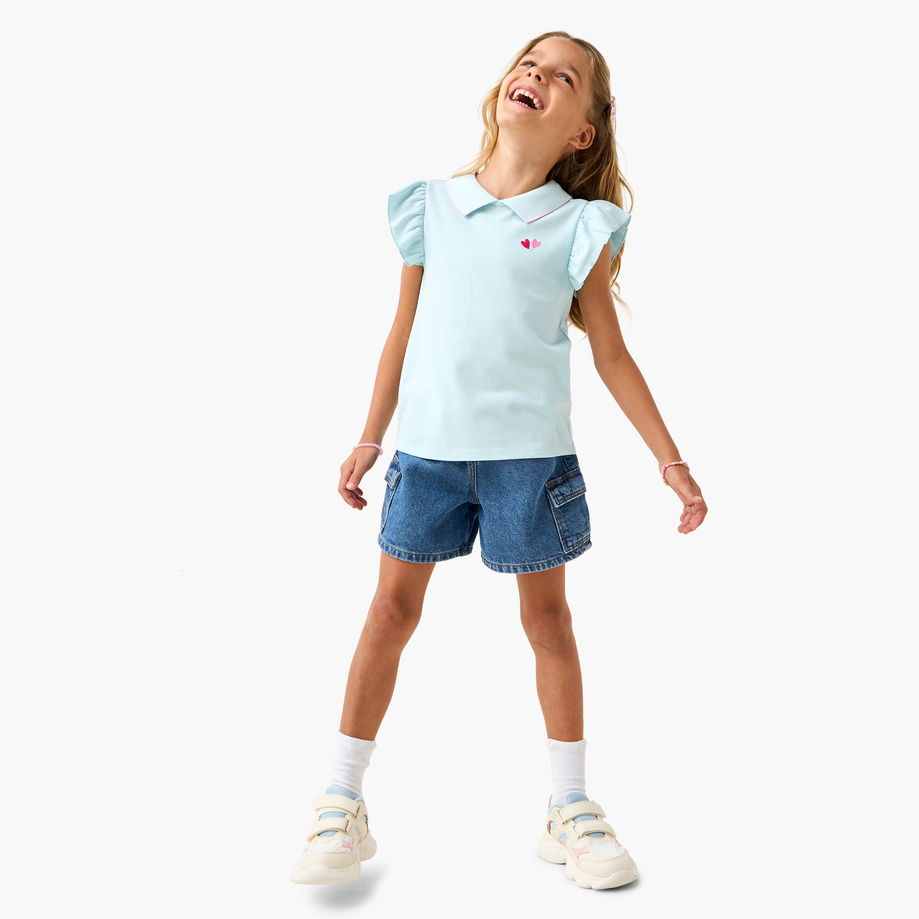 Juniors Embroidered Detail Polo T-shirt with Short Sleeves-girls-clothing-tshirts-image-2