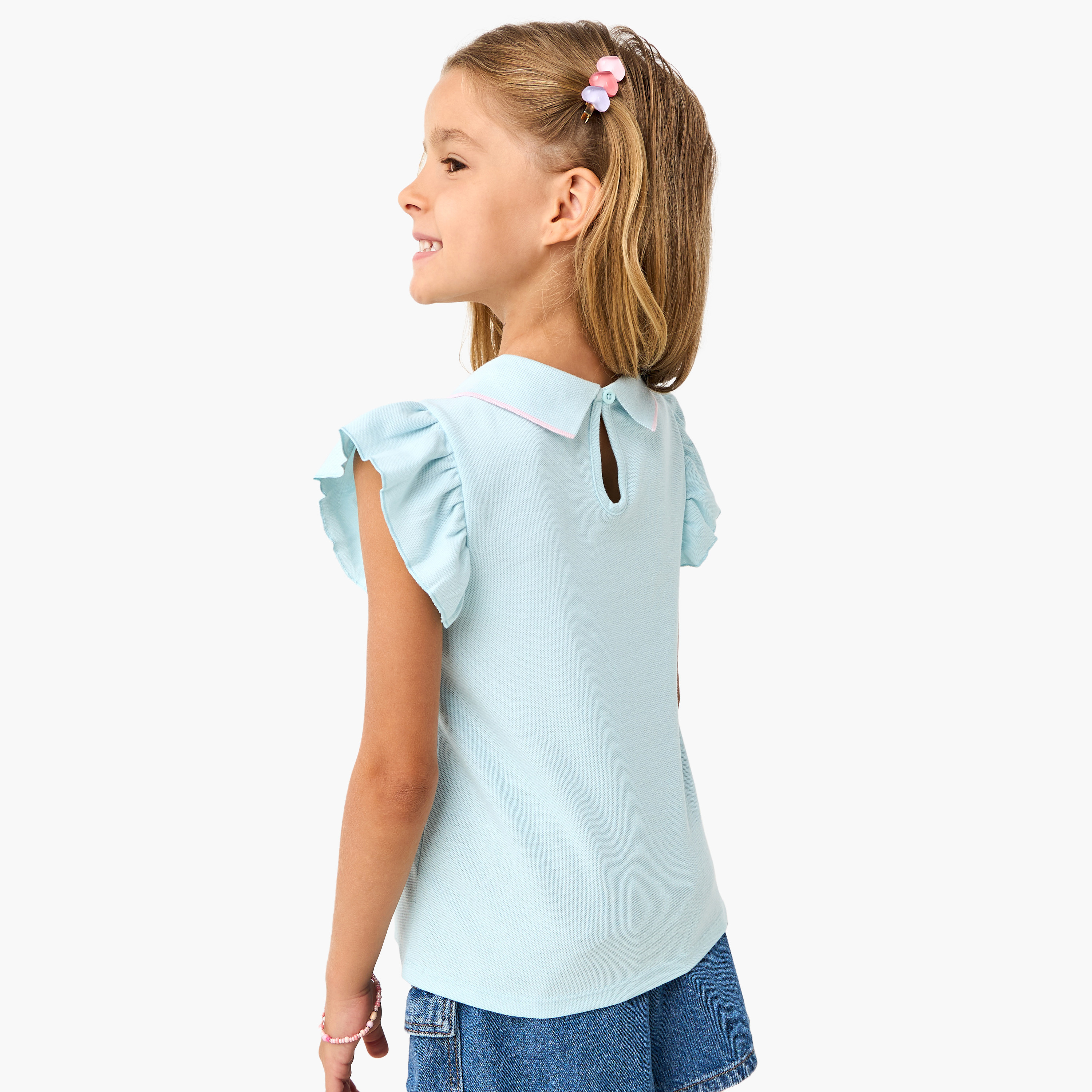 Juniors Embroidered Detail Polo T-shirt with Short Sleeves-girls-clothing-tshirts-image-3