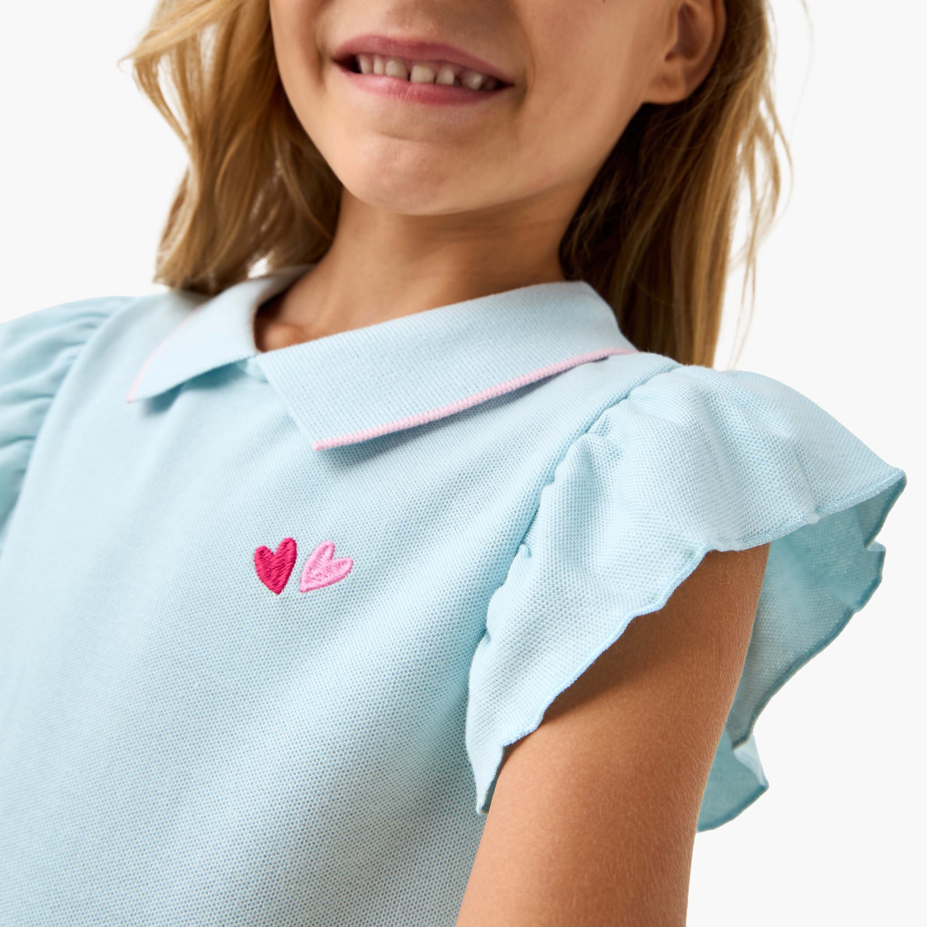 Juniors Embroidered Detail Polo T-shirt with Short Sleeves-girls-clothing-tshirts-image-4