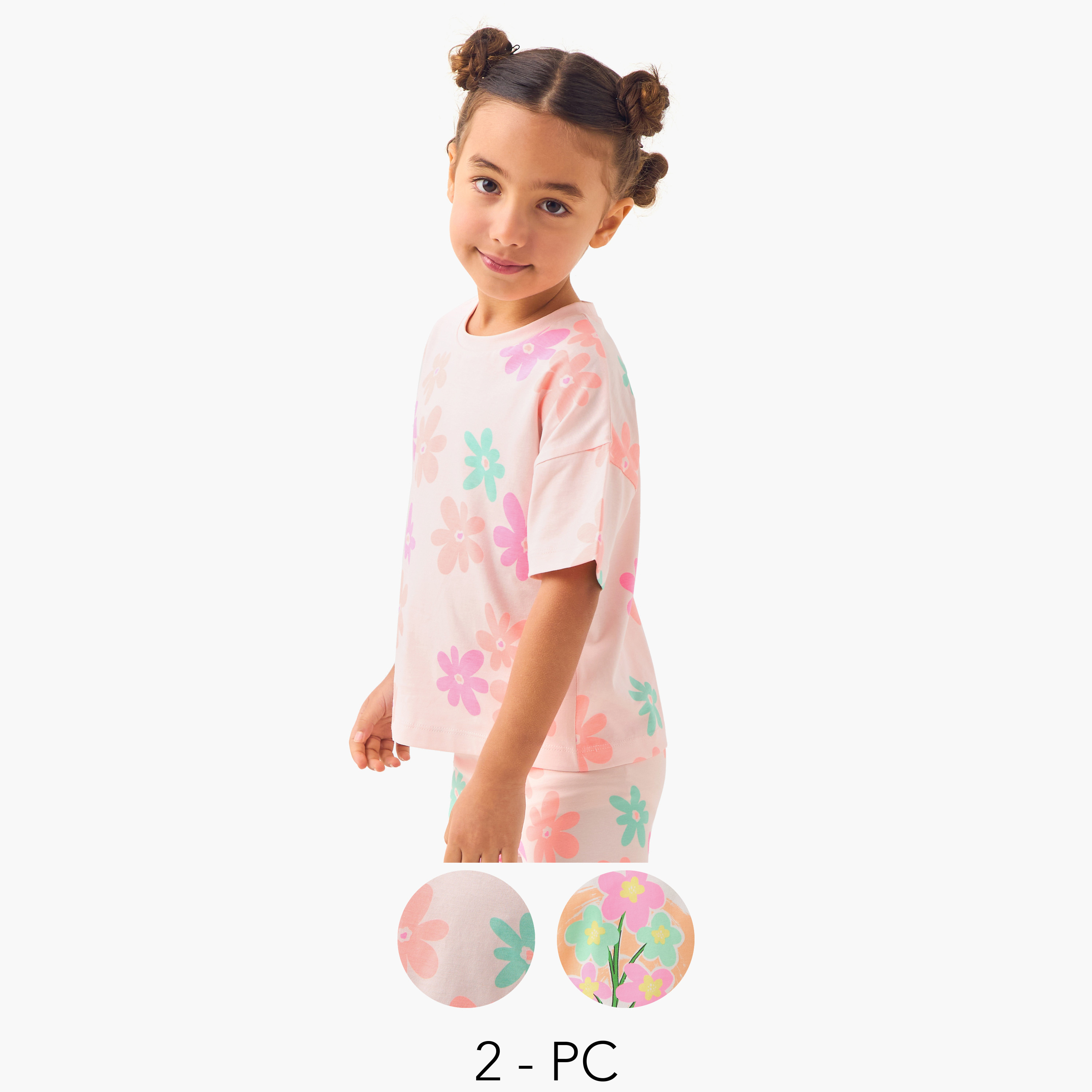 Juniors Flower Print T-shirt with Drop Shoulder Sleeves - Set of 2-girls-clothing-tshirts-image-1