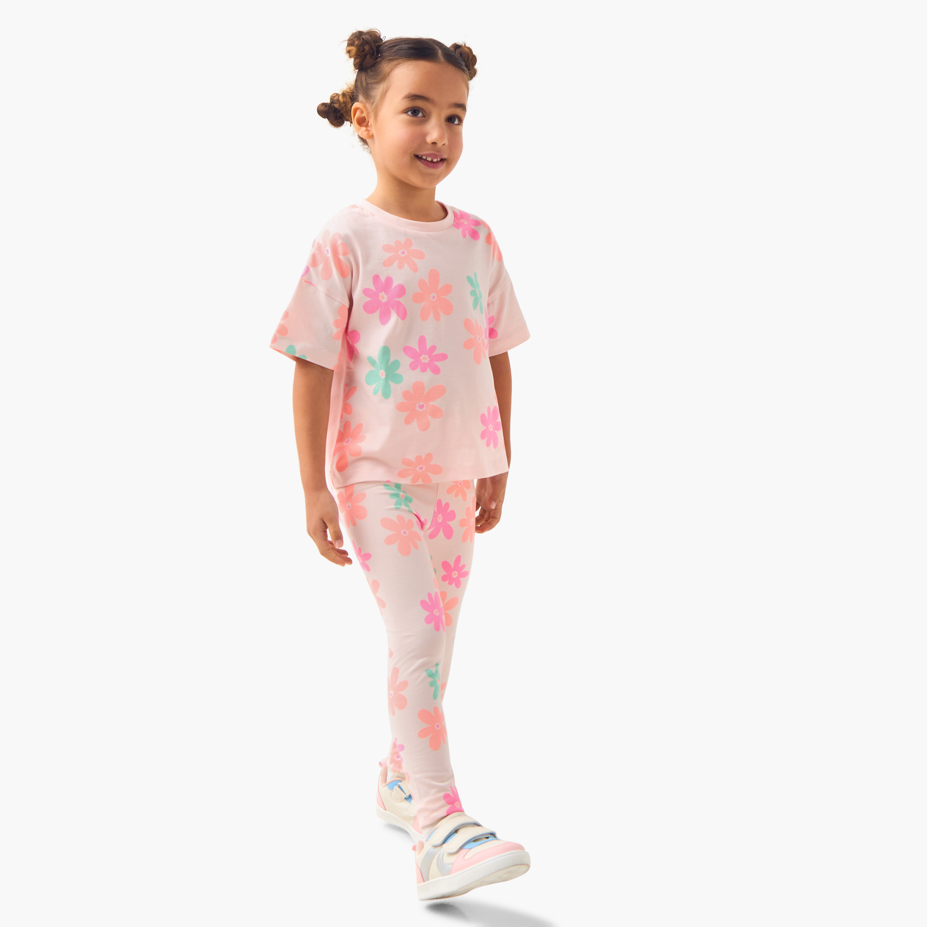 Juniors Flower Print T-shirt with Drop Shoulder Sleeves - Set of 2-girls-clothing-tshirts-image-2