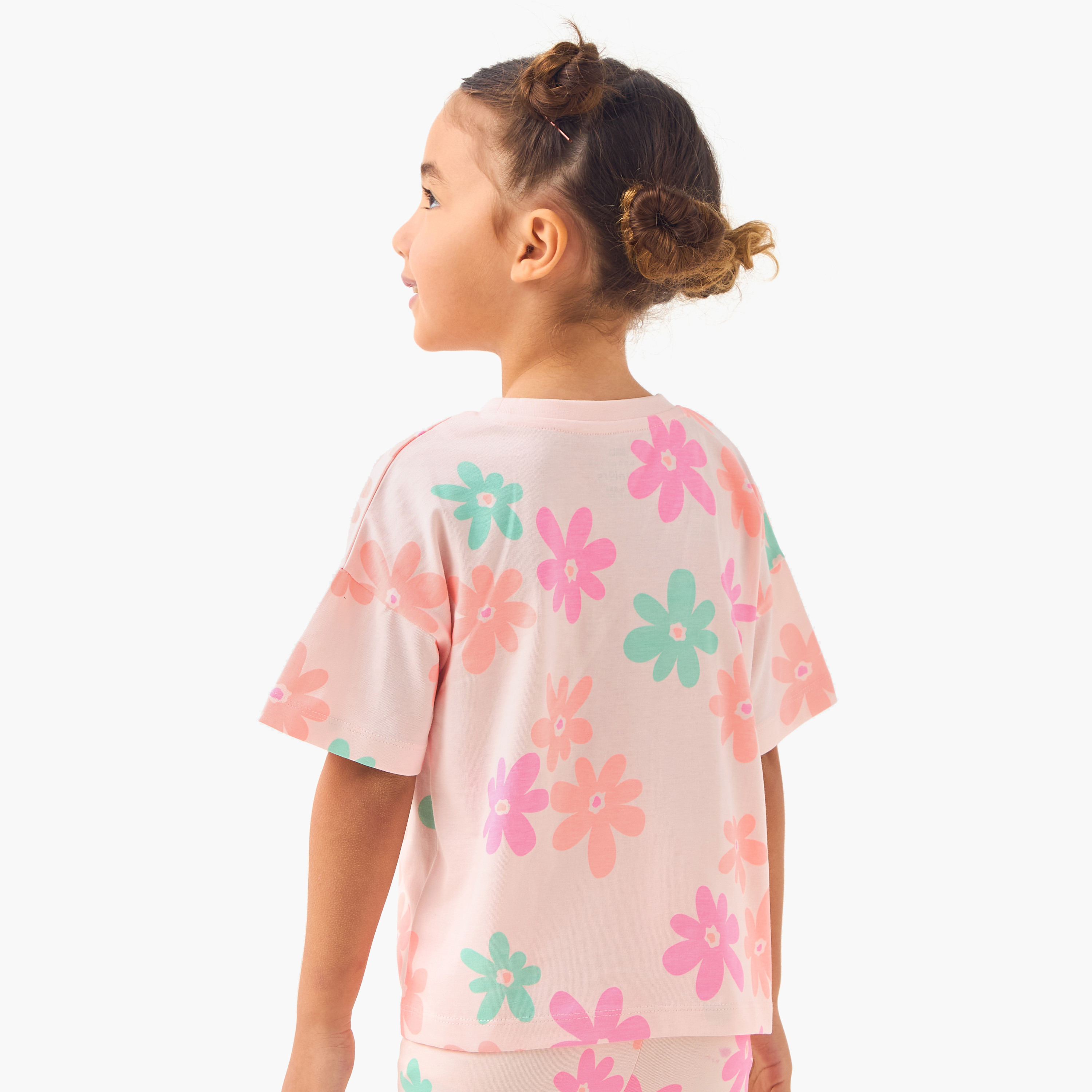 Juniors Flower Print T-shirt with Drop Shoulder Sleeves - Set of 2-girls-clothing-tshirts-image-3