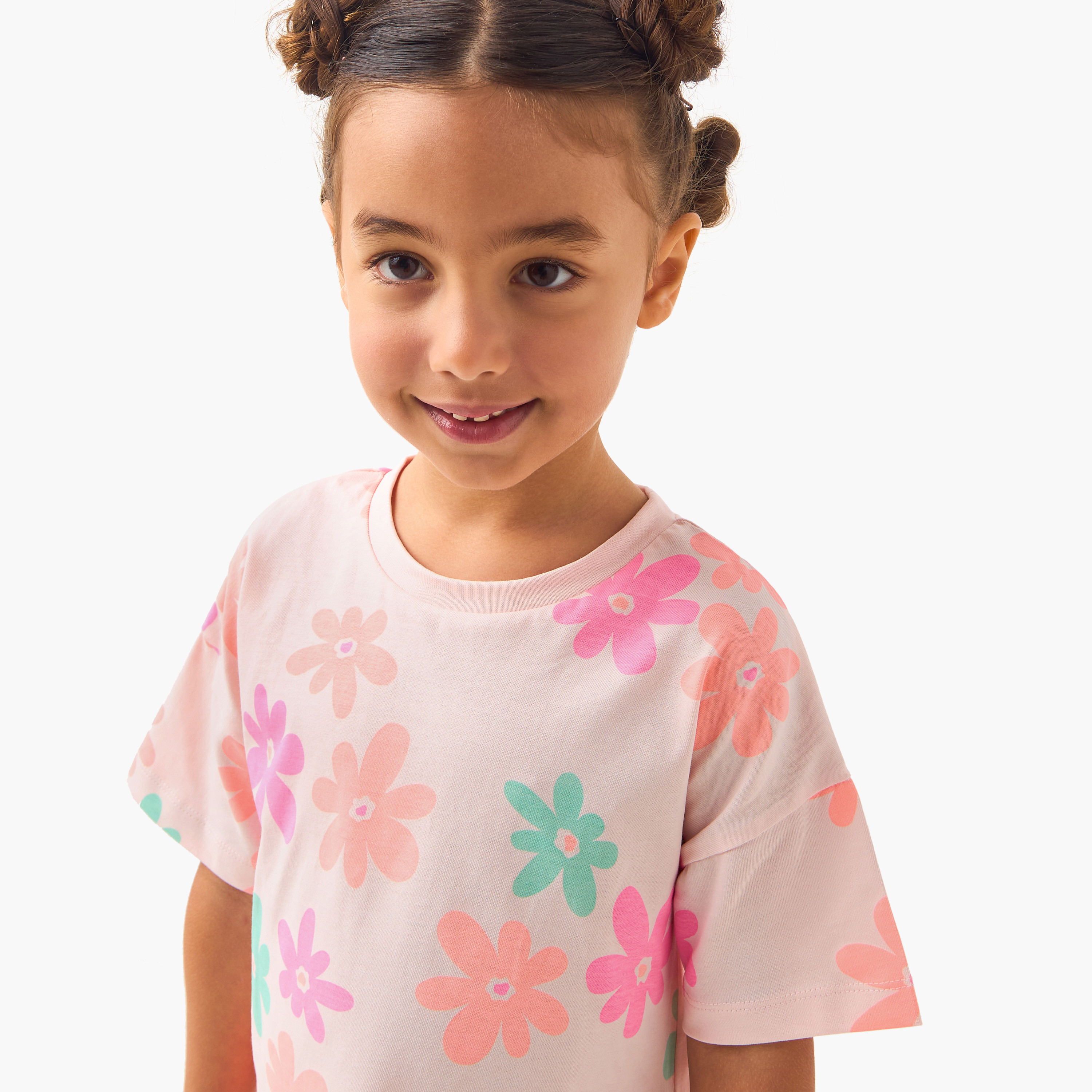 Juniors Flower Print T-shirt with Drop Shoulder Sleeves - Set of 2-girls-clothing-tshirts-image-4