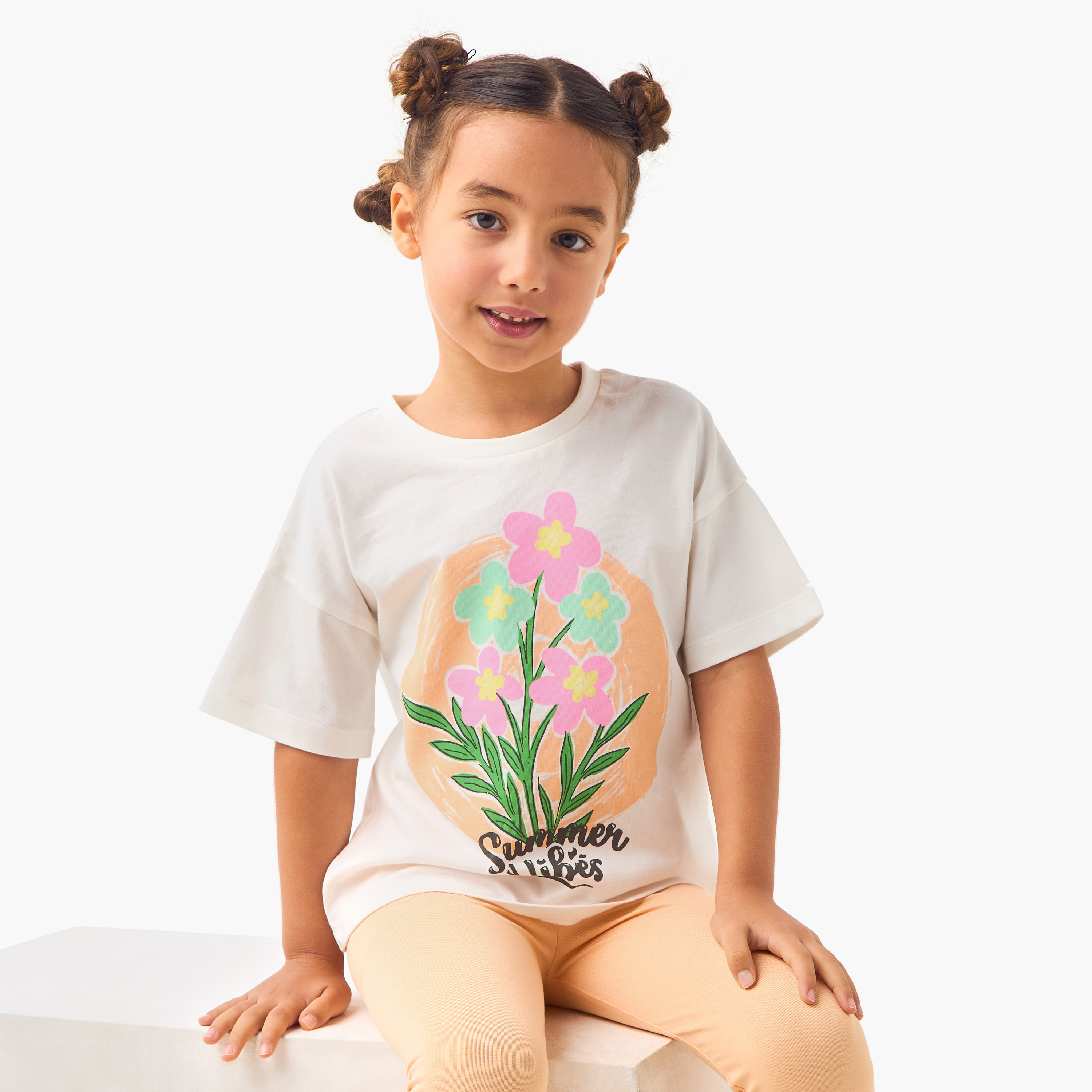 Juniors Flower Print T-shirt with Drop Shoulder Sleeves - Set of 2-girls-clothing-tshirts-image-6
