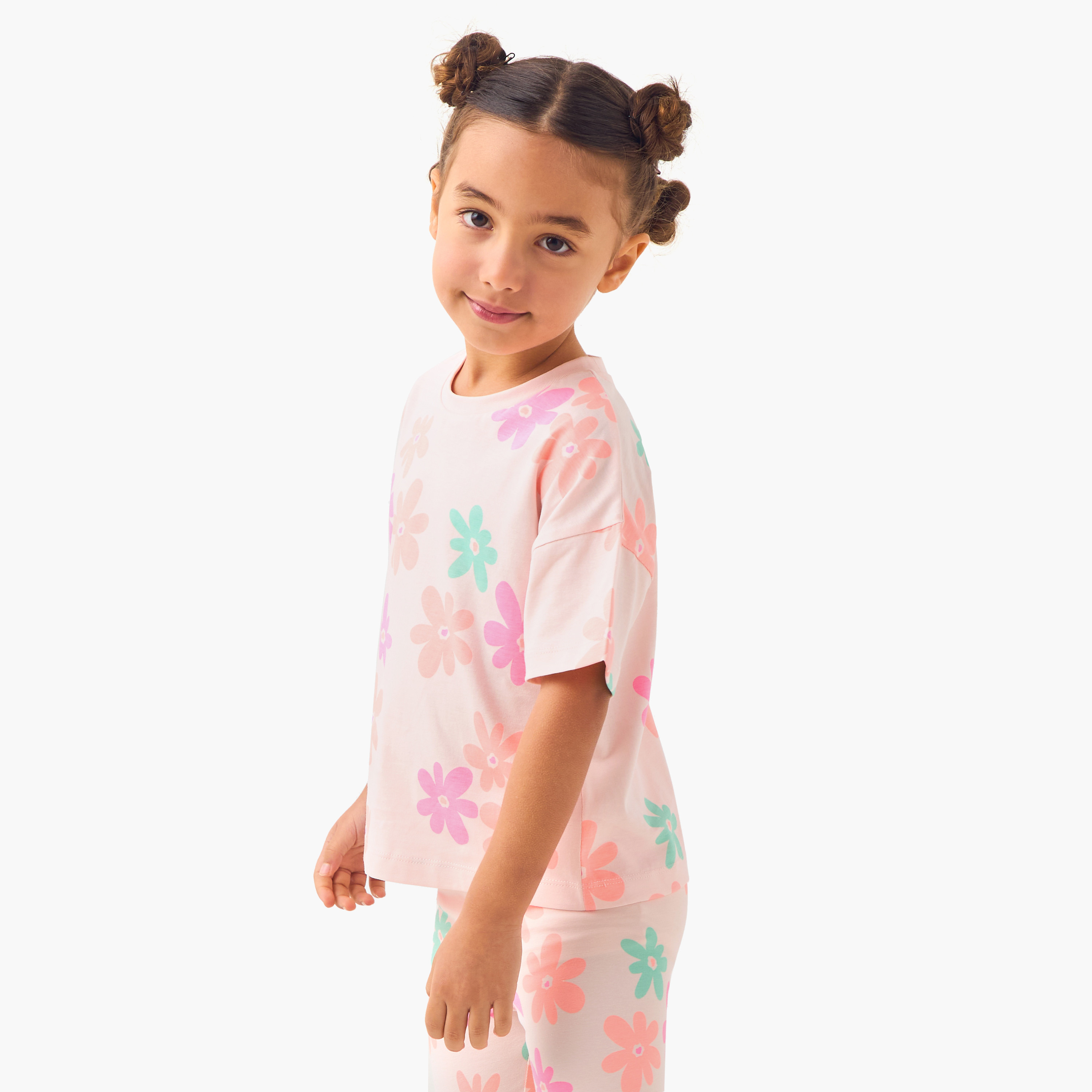 Juniors Flower Print T-shirt with Drop Shoulder Sleeves - Set of 2-girls-clothing-tshirts-image-7