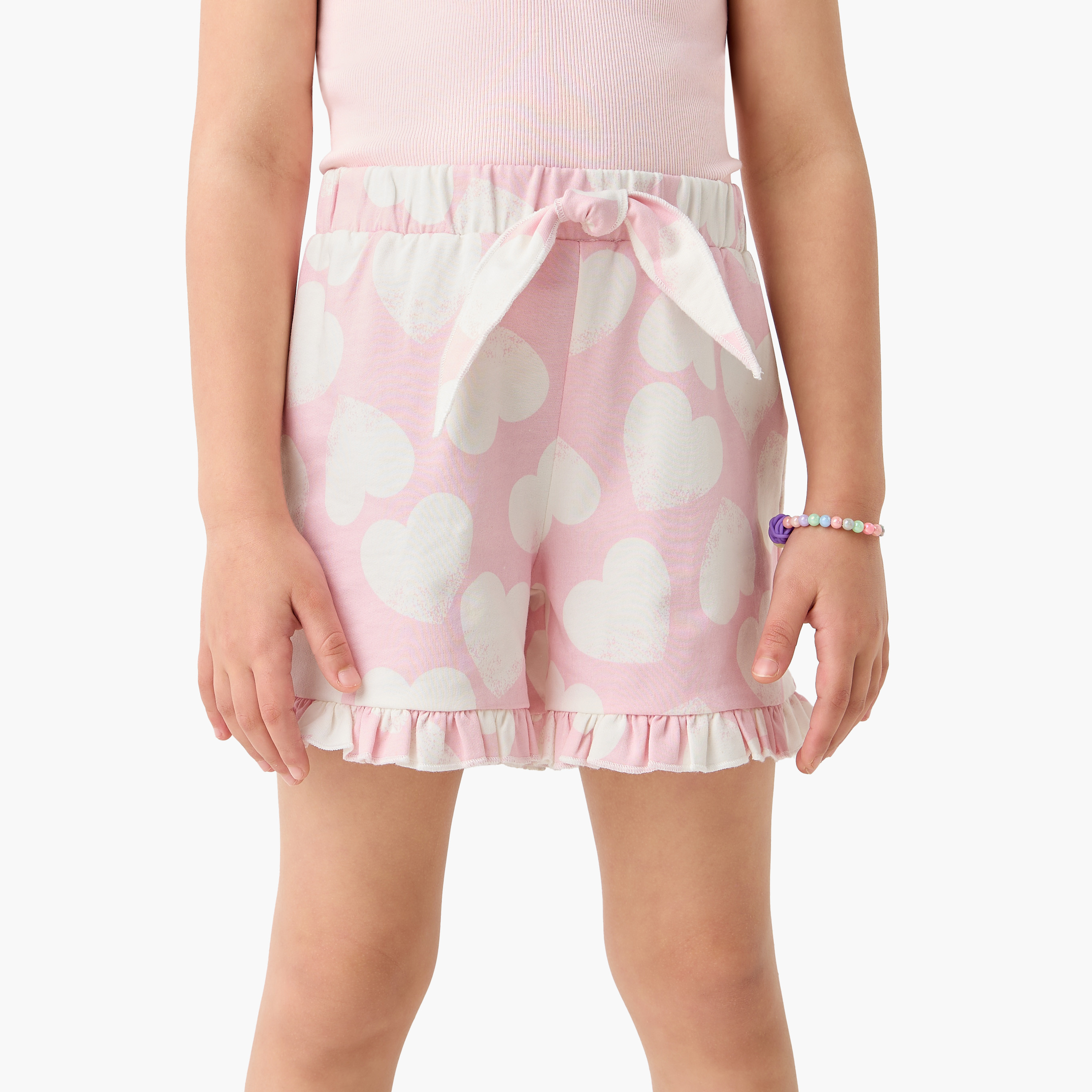 Juniors All-Over Heart Print Shorts with Elasticated Waistband and Frill Detail-baby-girls-clothing-bottoms-shorts-image-1