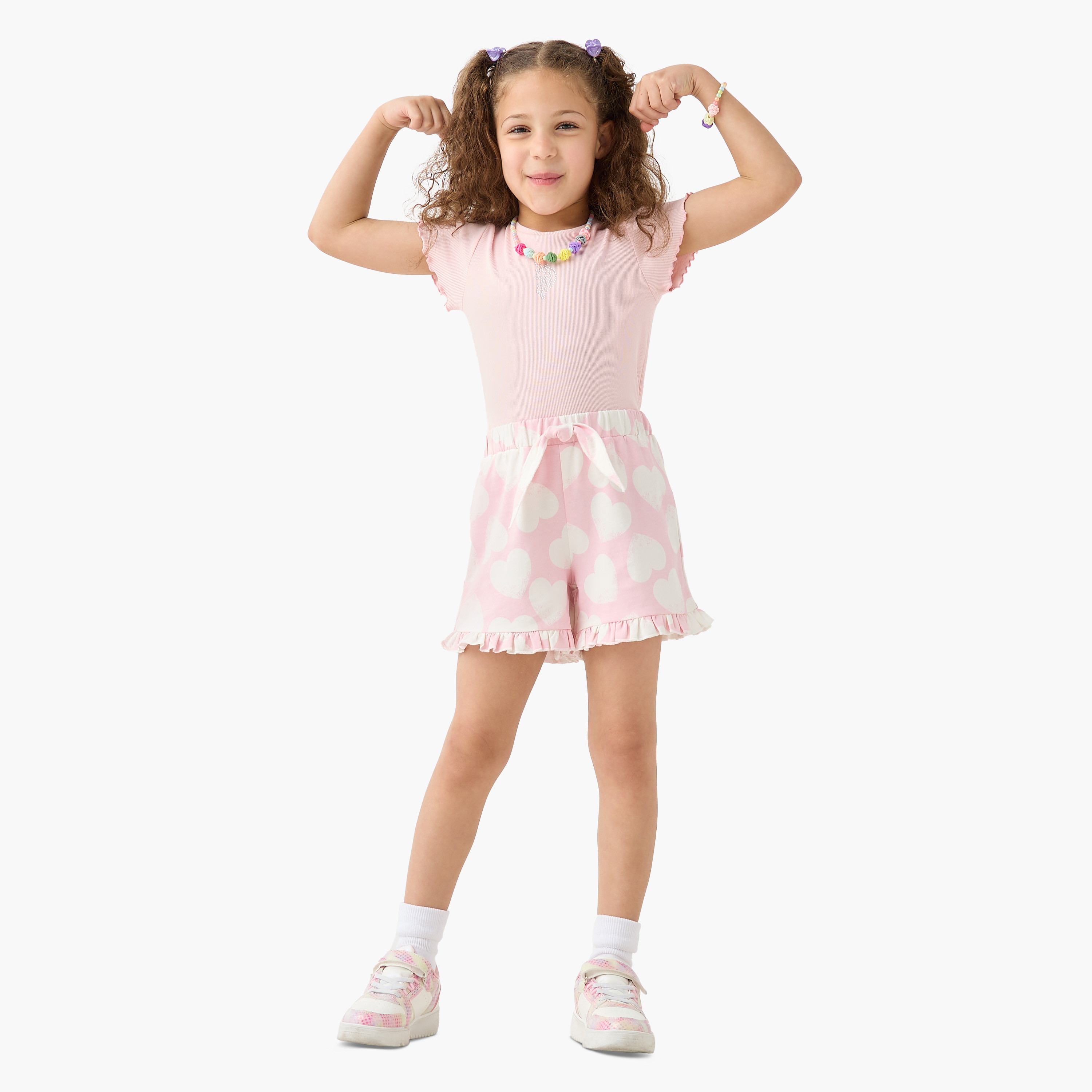 Juniors All-Over Heart Print Shorts with Elasticated Waistband and Frill Detail-baby-girls-clothing-bottoms-shorts-image-2