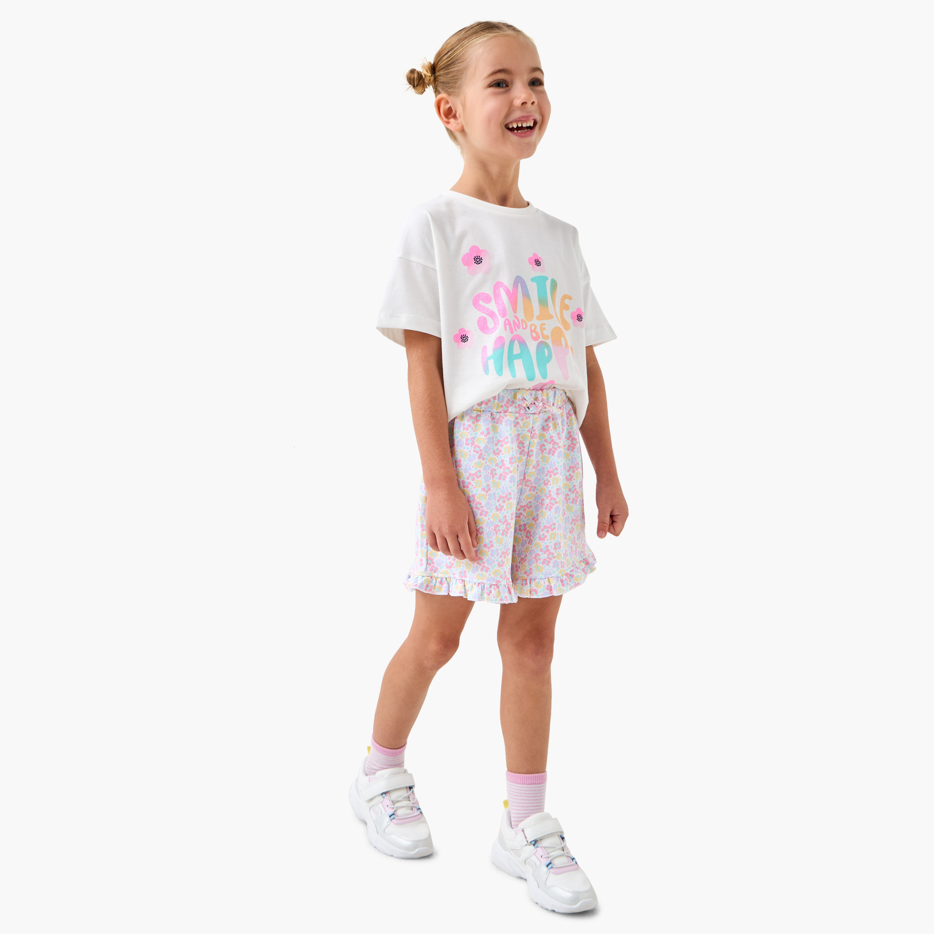 Juniors Floral Print Shorts with Ruffle Hem and Drawstring Closure-girls-clothing-bottoms-shorts-image-2