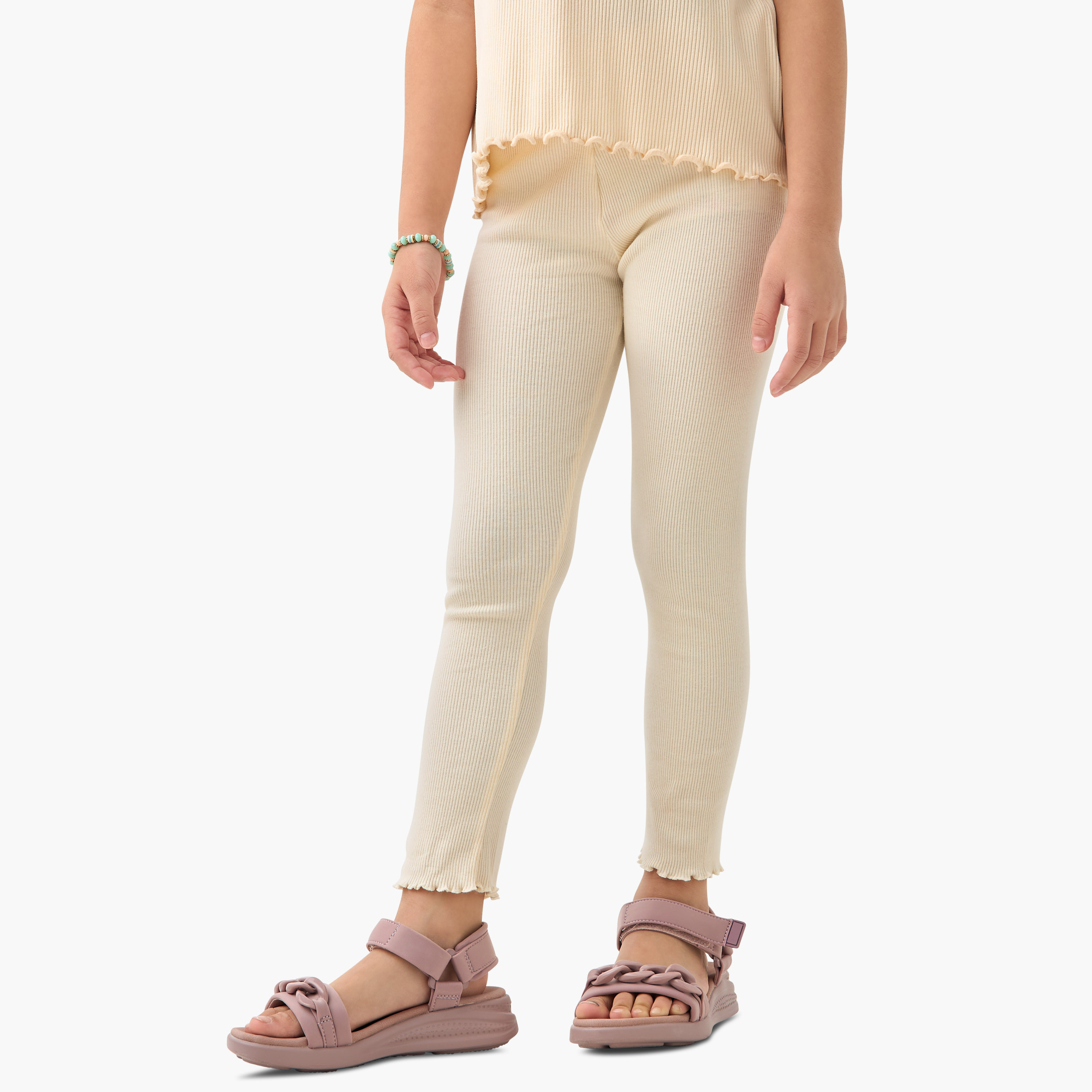 Juniors Ribbed Leggings with Elasticated Waistband and Lettuce Hem-girls-clothing-bottoms-leggings-image-1