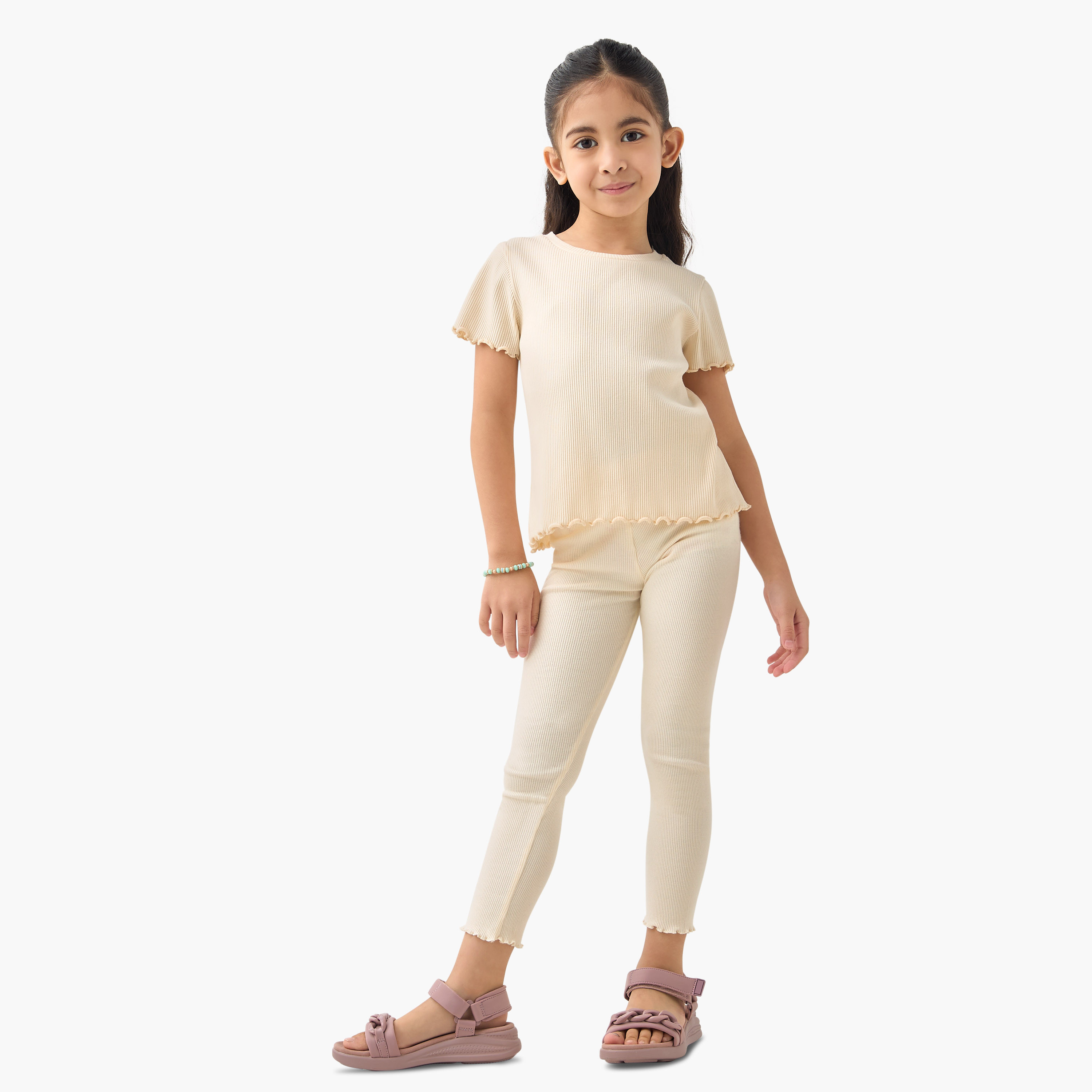 Juniors Ribbed Leggings with Elasticated Waistband and Lettuce Hem-girls-clothing-bottoms-leggings-image-2