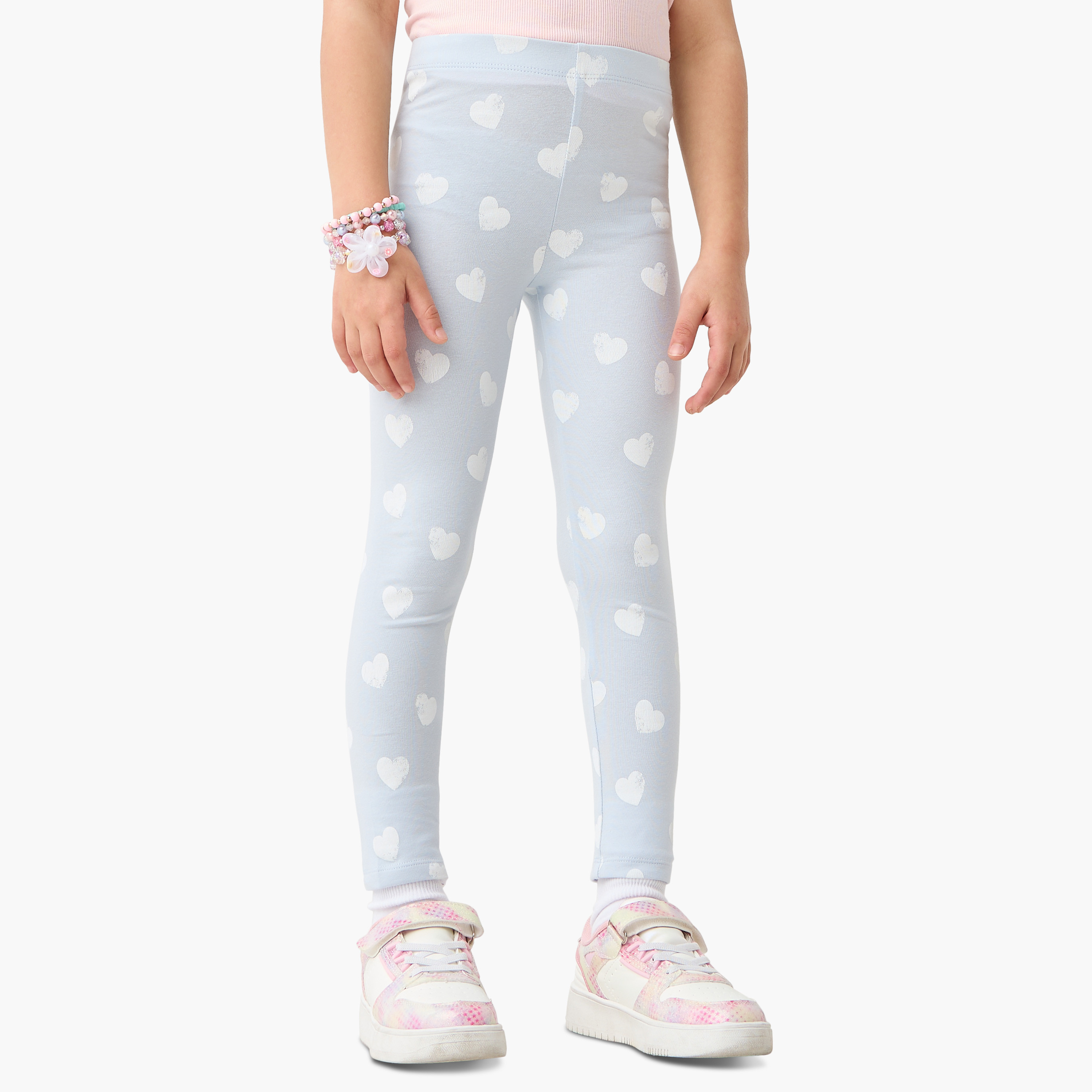 Juniors All-Over Heart Print Leggings with Elasticated Waistband-baby-girls-clothing-bottoms-leggings-image-1