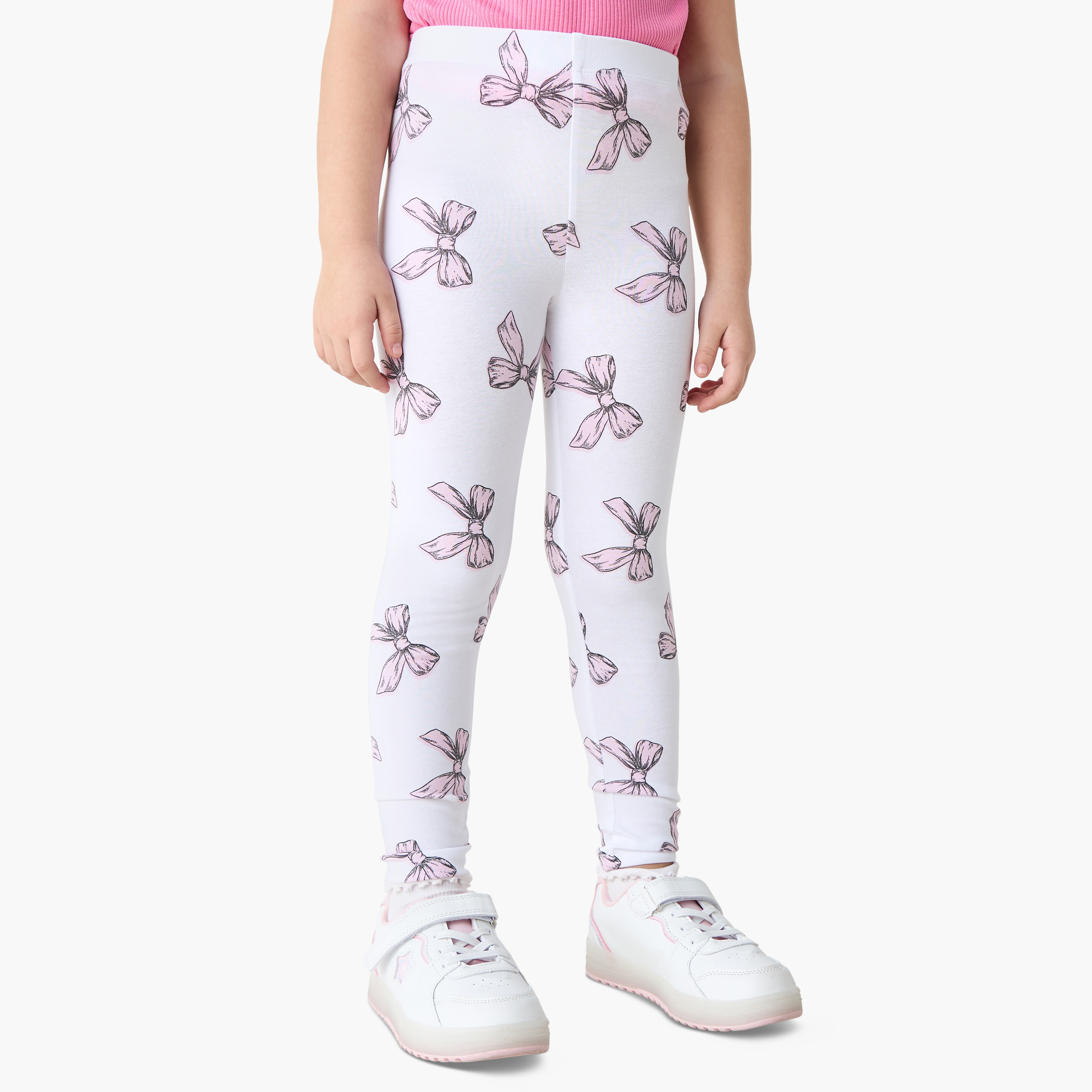 Juniors Bow Print Leggings with Elasticated Waistband-baby-girls-clothing-bottoms-leggings-image-1
