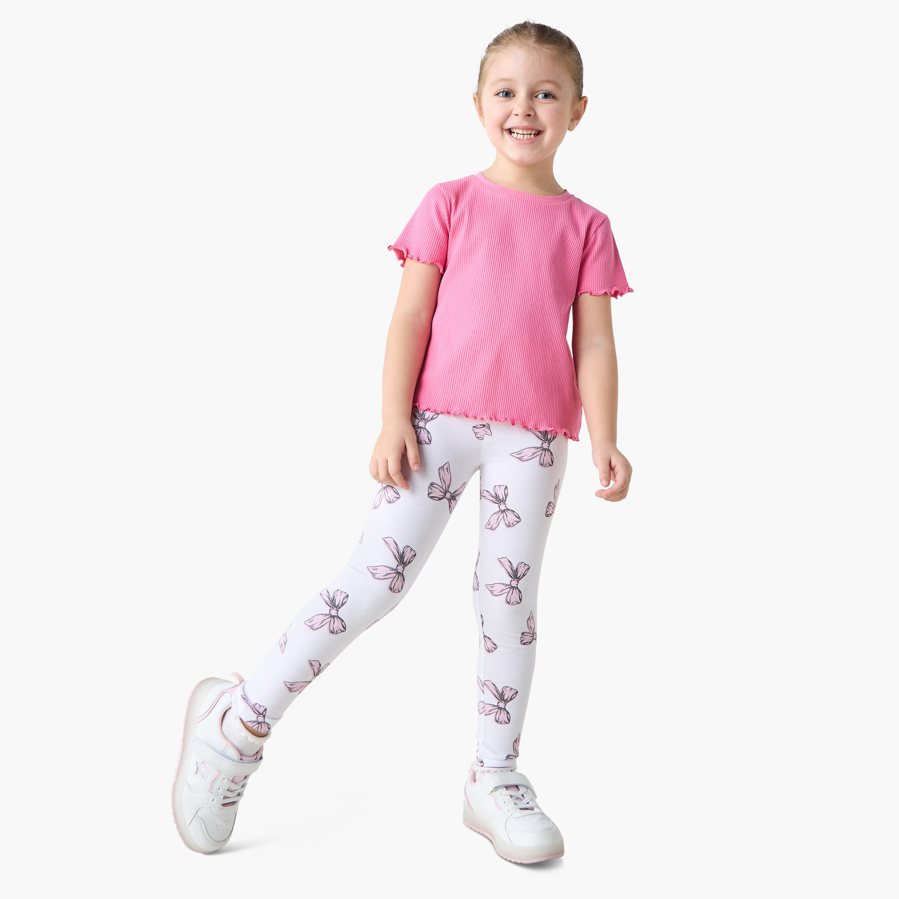 Juniors Bow Print Leggings with Elasticated Waistband-baby-girls-clothing-bottoms-leggings-image-2
