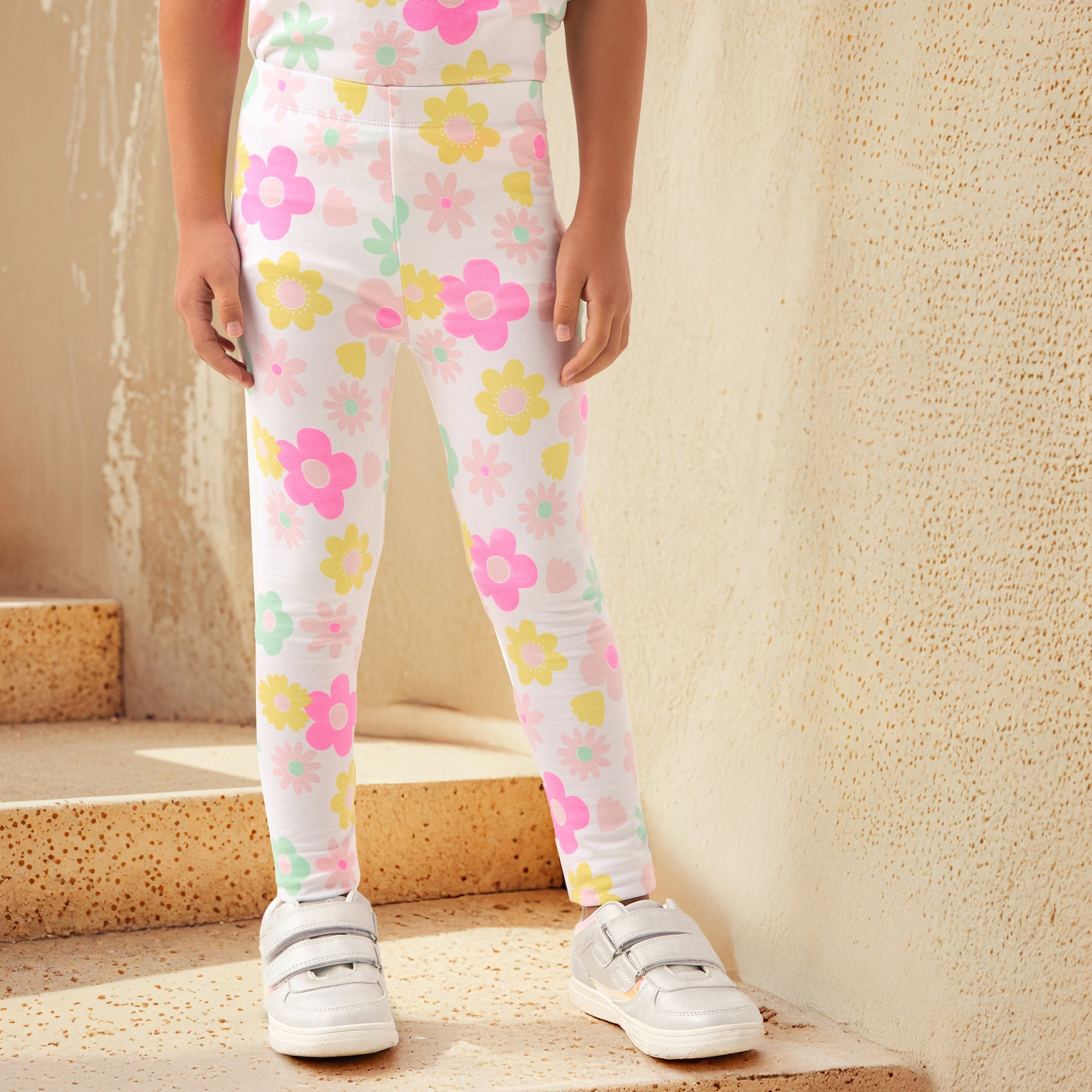 Juniors Floral Print Leggings with Elasticated Waistband-baby-girls-clothing-bottoms-leggings-image-1
