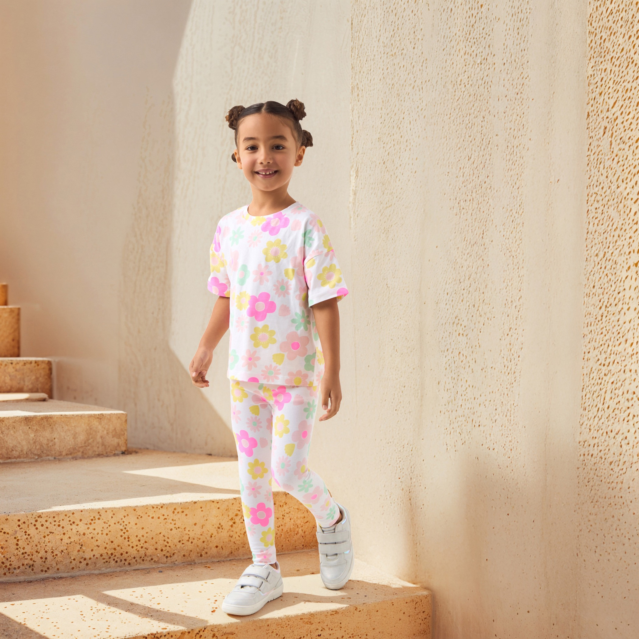Juniors Floral Print Leggings with Elasticated Waistband-baby-girls-clothing-bottoms-leggings-image-2