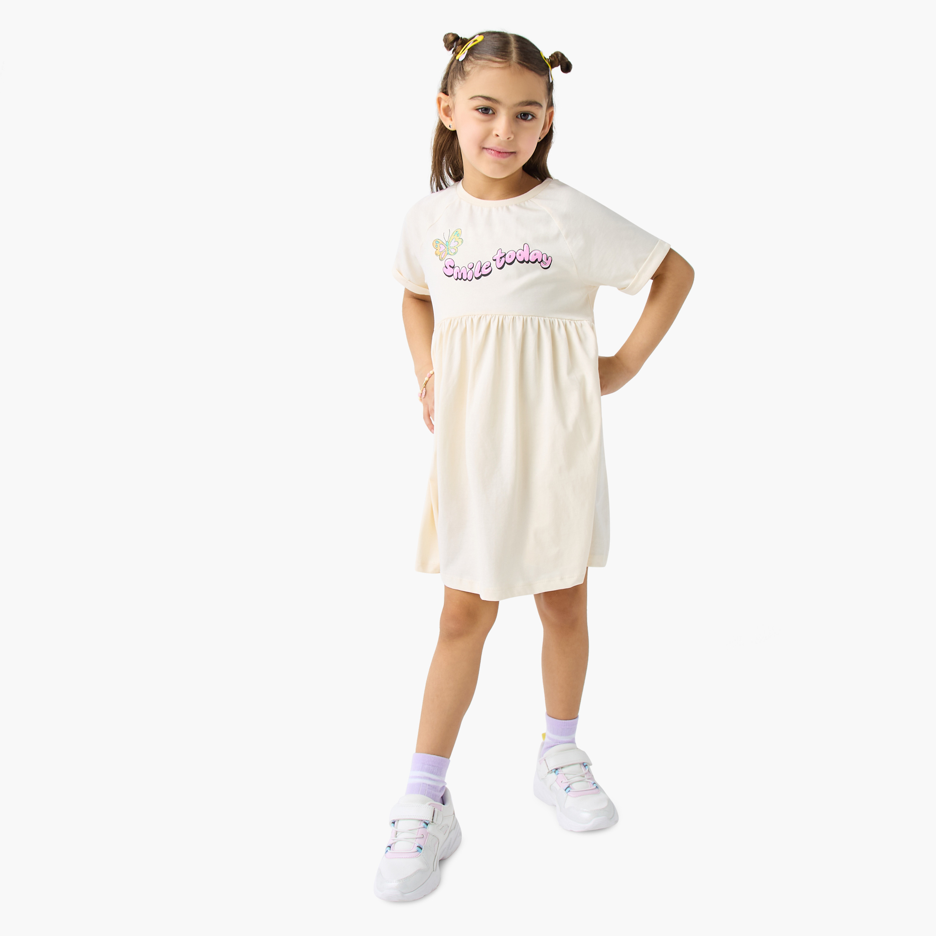 Juniors Slogan Print Dress with Short Sleeves-girls-clothing-dressesandjumpsuits-image-2