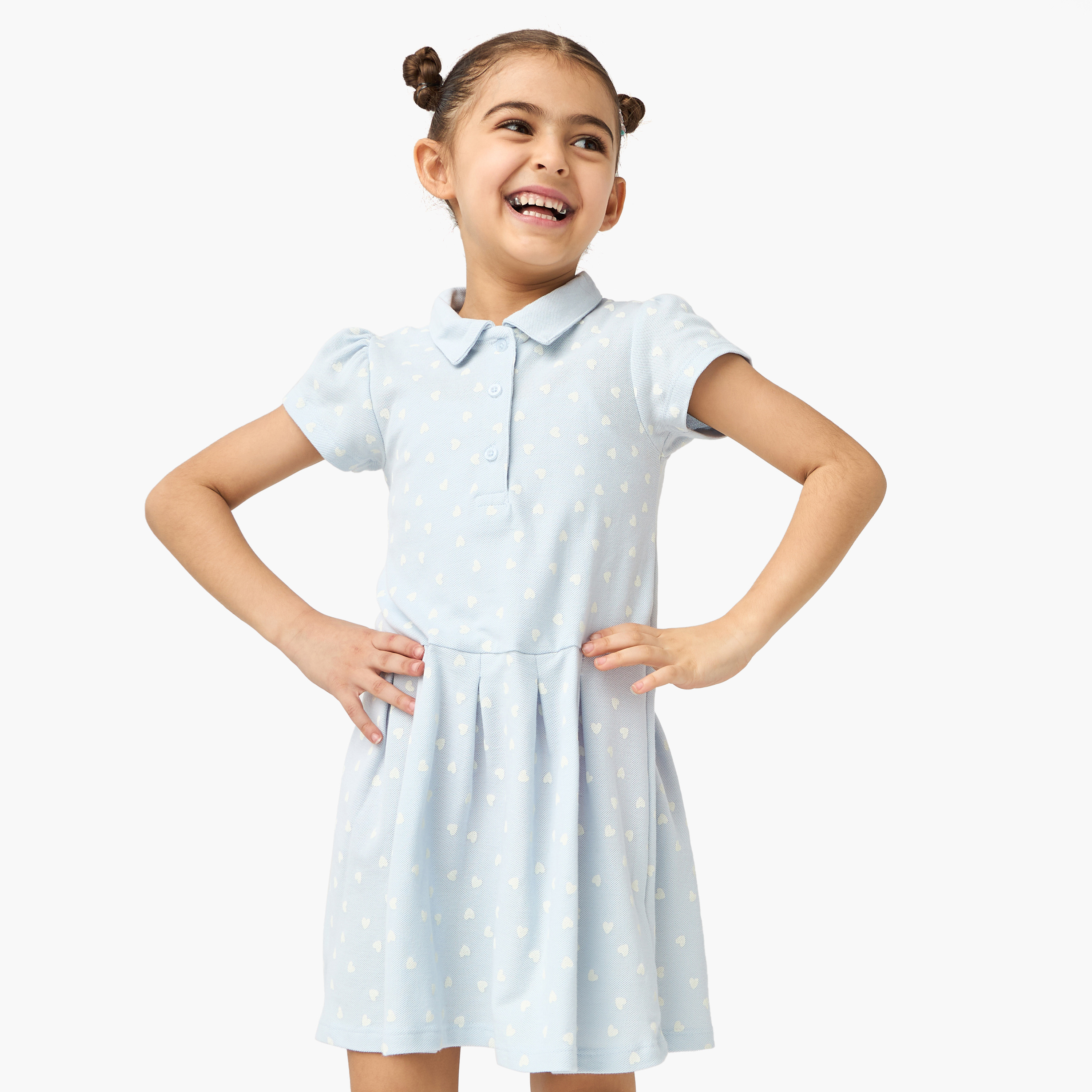 Juniors All-Over Heart Print Polo Dress with Short Sleeves and Button Closure-girls-clothing-dressesandjumpsuits-image-1