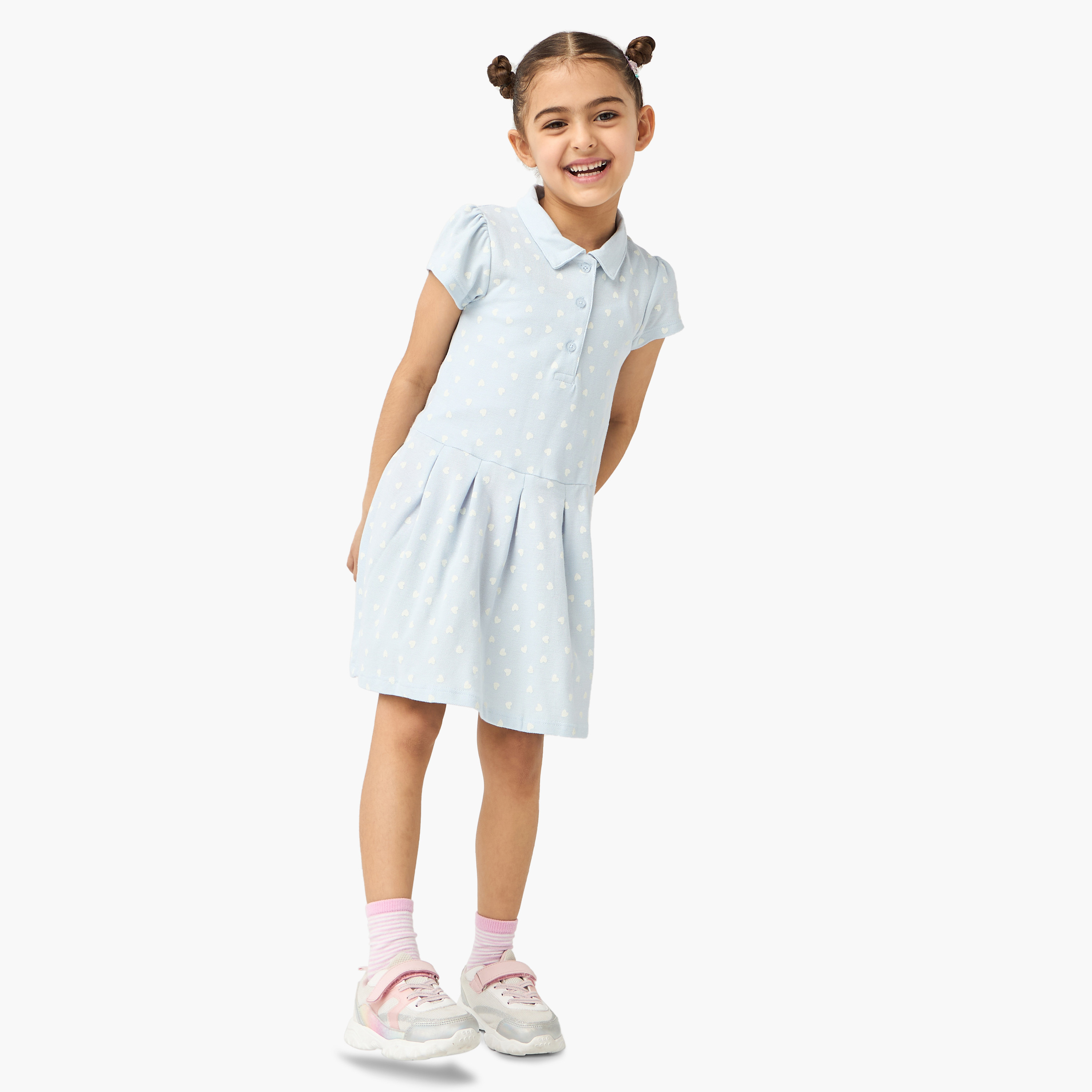 Juniors All-Over Heart Print Polo Dress with Short Sleeves and Button Closure-girls-clothing-dressesandjumpsuits-image-2