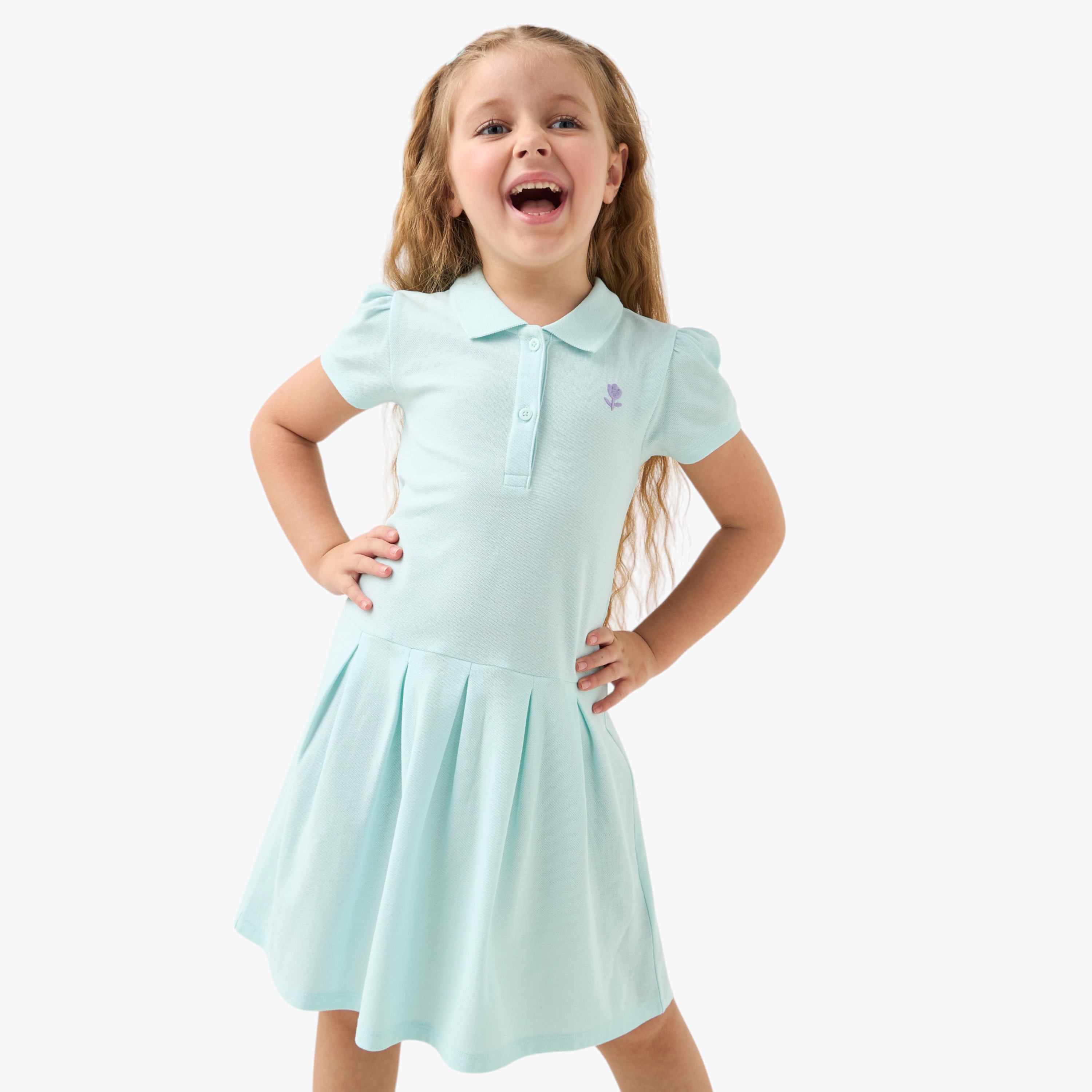 فستان بولو بأكمام قصيرة وتطريز زهري من جونيورز-girls-clothing-dressesandjumpsuits-image-1