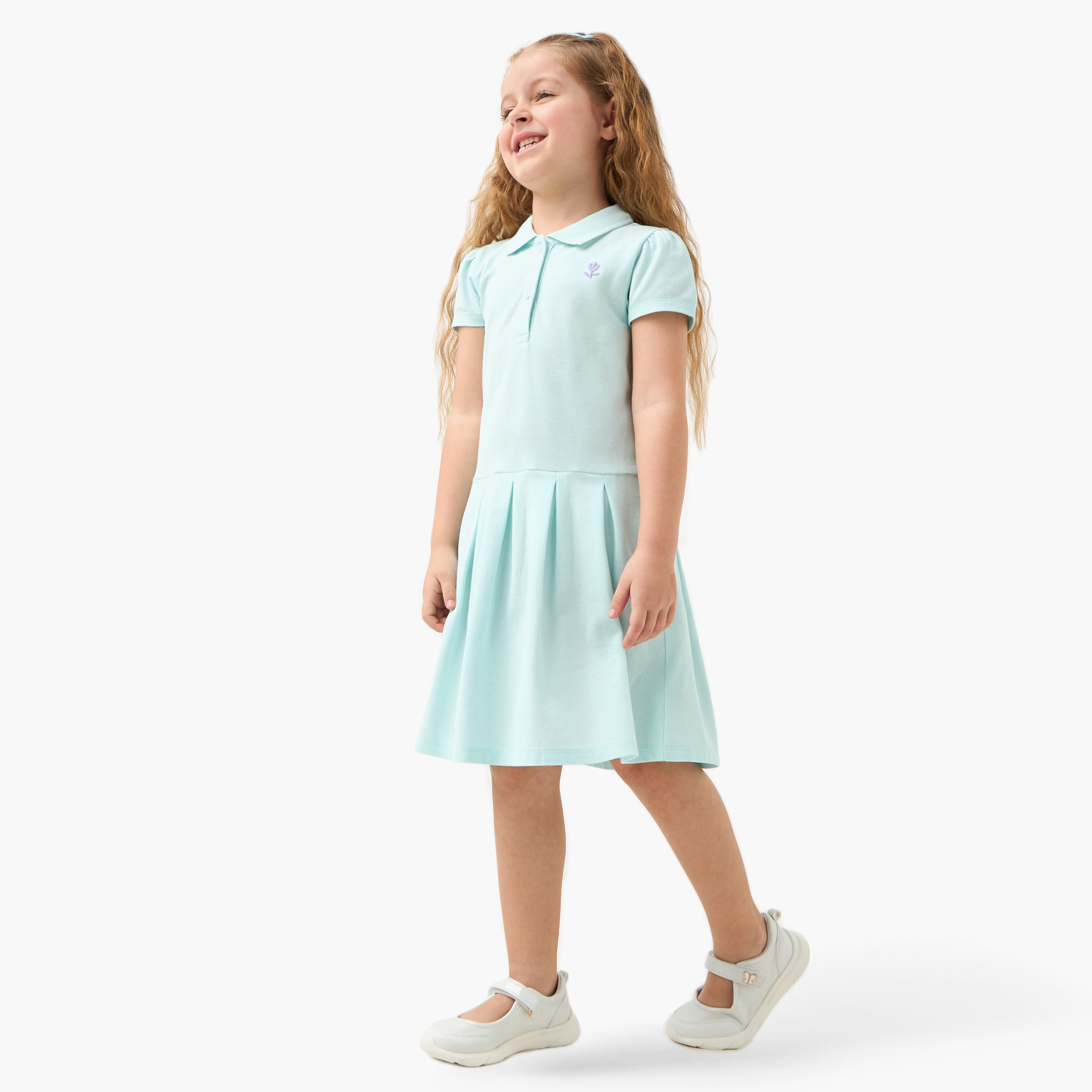 فستان بولو بأكمام قصيرة وتطريز زهري من جونيورز-girls-clothing-dressesandjumpsuits-image-2