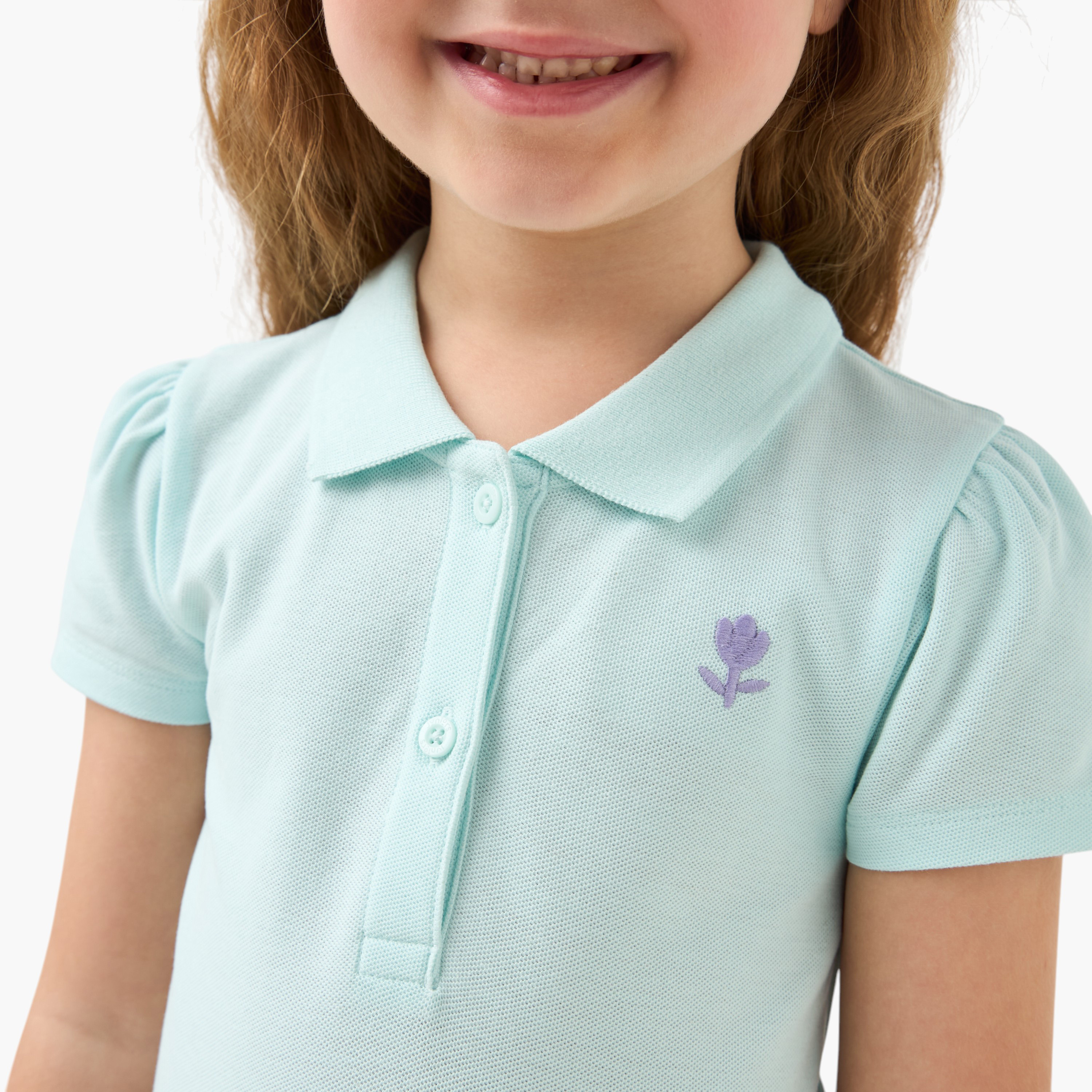 فستان بولو بأكمام قصيرة وتطريز زهري من جونيورز-girls-clothing-dressesandjumpsuits-image-4