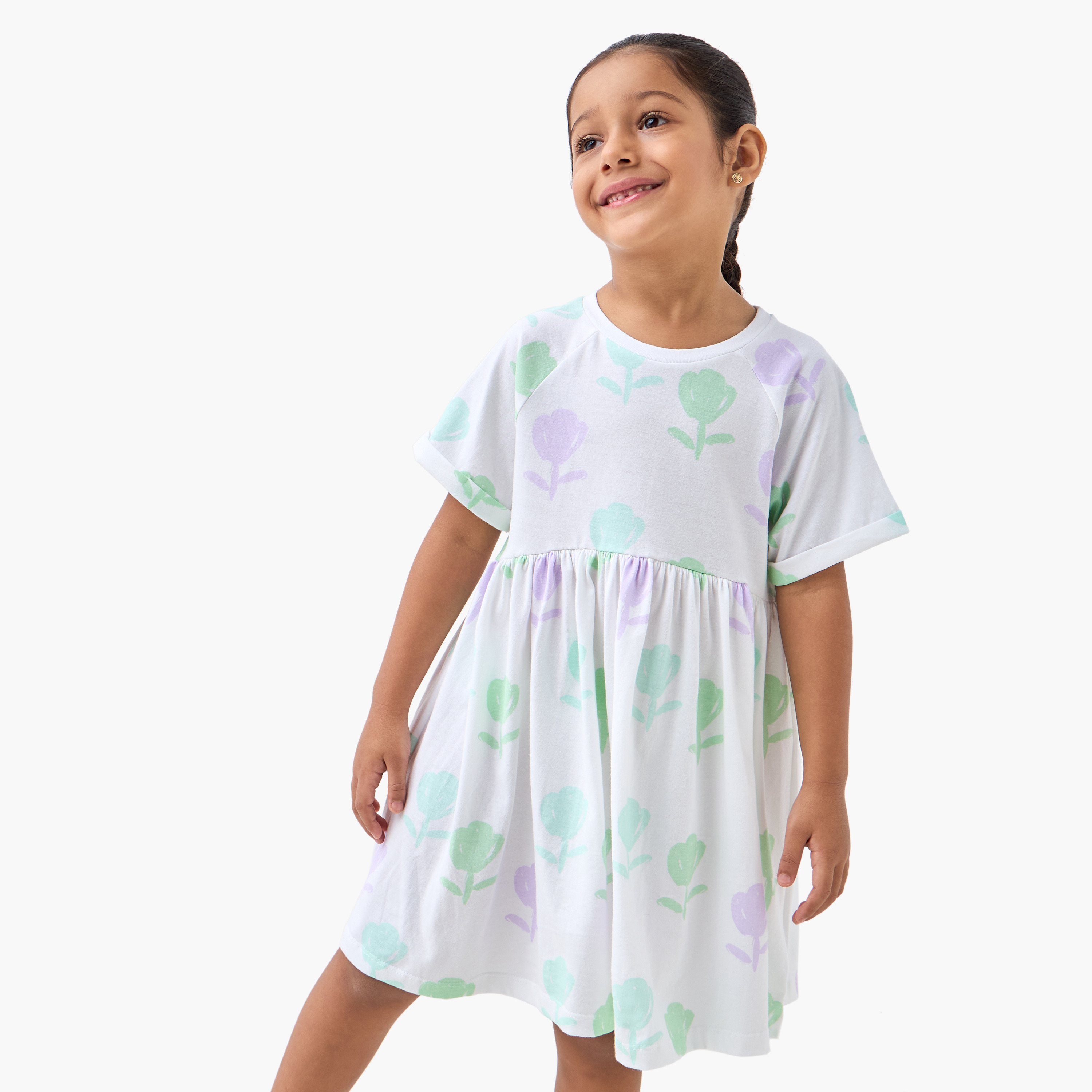 Juniors Floral Print A-line Dress with Round Neck and Extended Short Sleeves-girls-clothing-dressesandjumpsuits-image-1