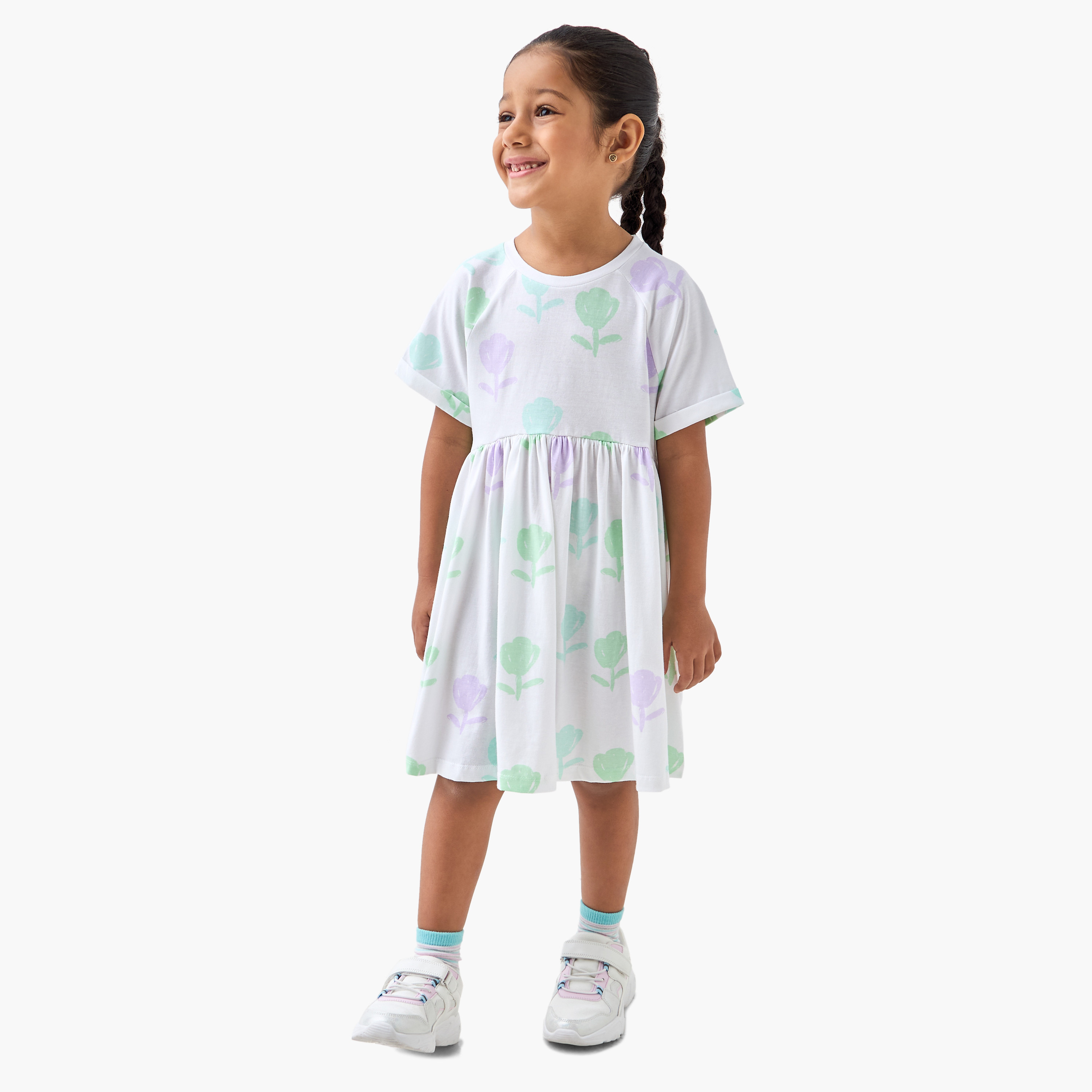 Juniors Floral Print A-line Dress with Round Neck and Extended Short Sleeves-girls-clothing-dressesandjumpsuits-image-2