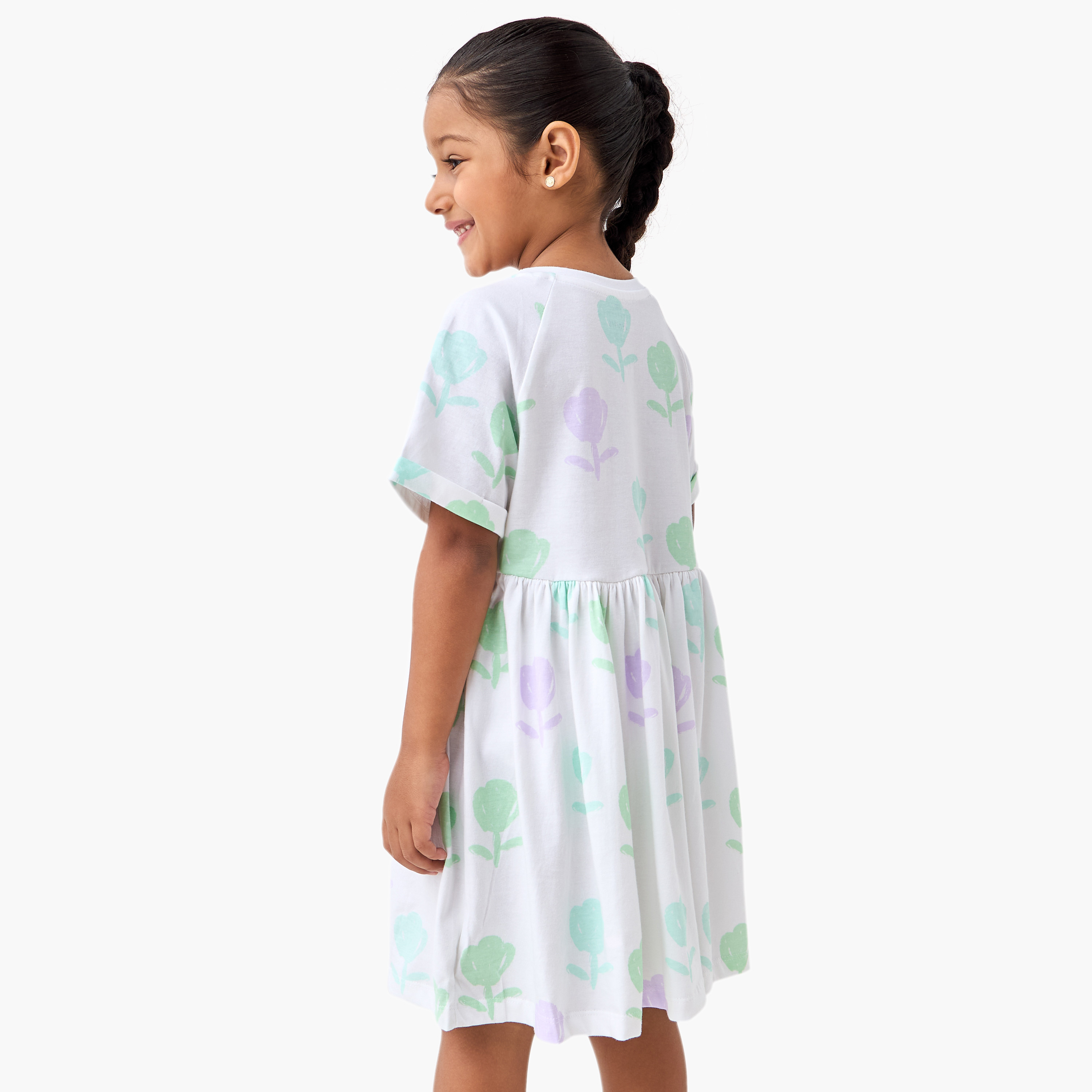 Juniors Floral Print A-line Dress with Round Neck and Extended Short Sleeves-girls-clothing-dressesandjumpsuits-image-3