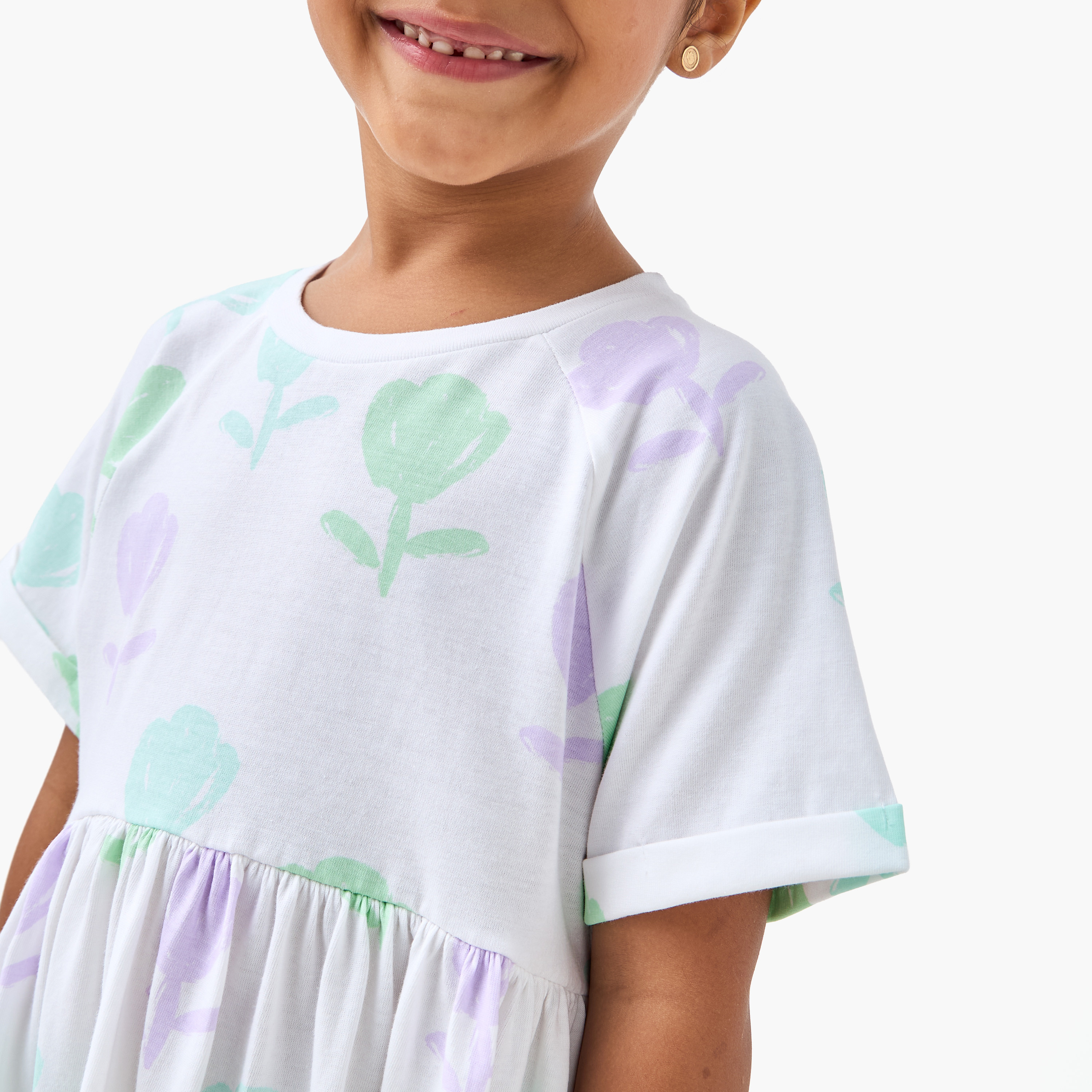 Juniors Floral Print A-line Dress with Round Neck and Extended Short Sleeves-girls-clothing-dressesandjumpsuits-image-4