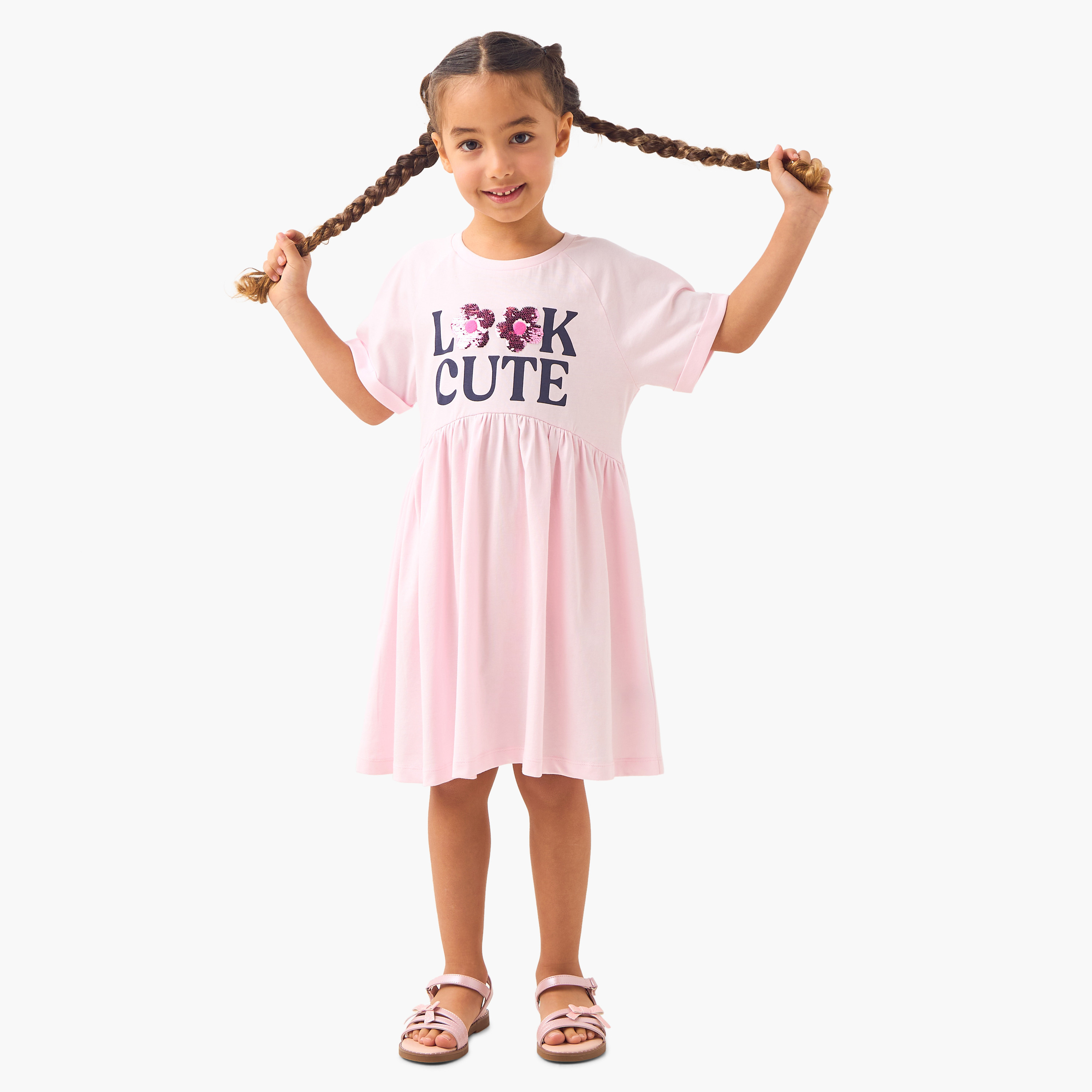 Juniors Embellished Print A-Line Dress with Raglan Sleeves-girls-clothing-dressesandjumpsuits-image-1