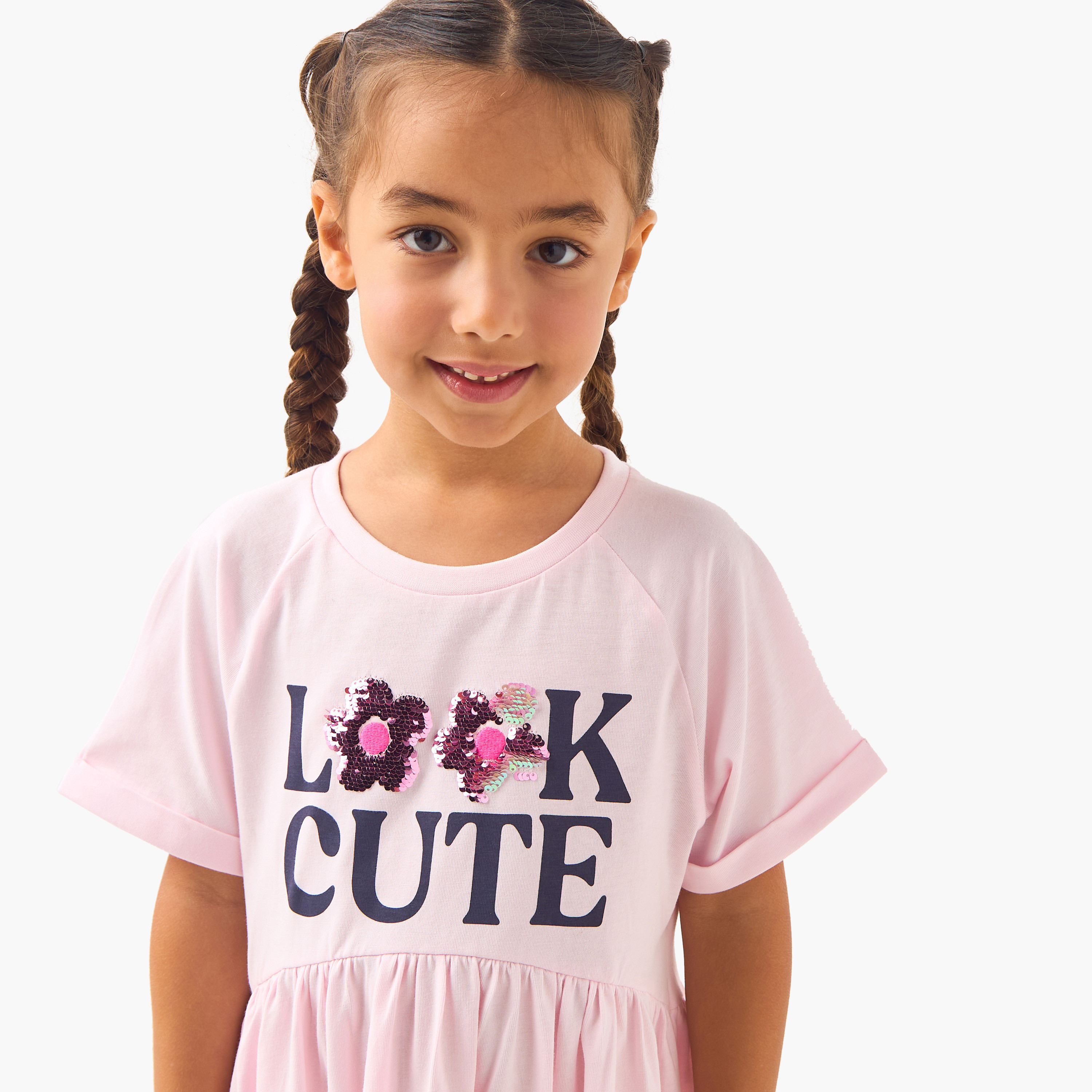 Juniors Embellished Print A-Line Dress with Raglan Sleeves-girls-clothing-dressesandjumpsuits-image-4