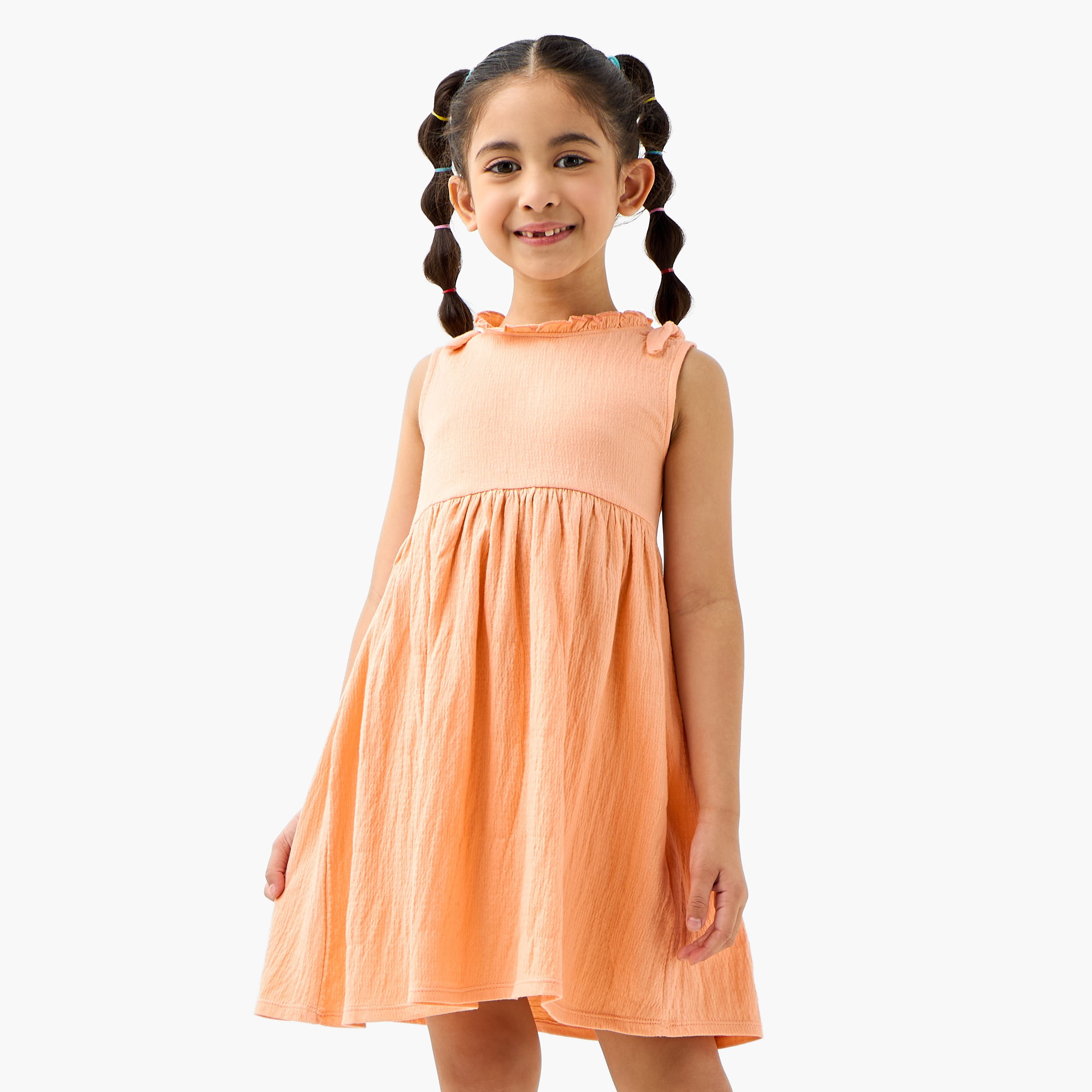 Juniors Textured Sleeveless Dress with Ruffle Trim and Bow Detail-girls-clothing-dressesandjumpsuits-image-2