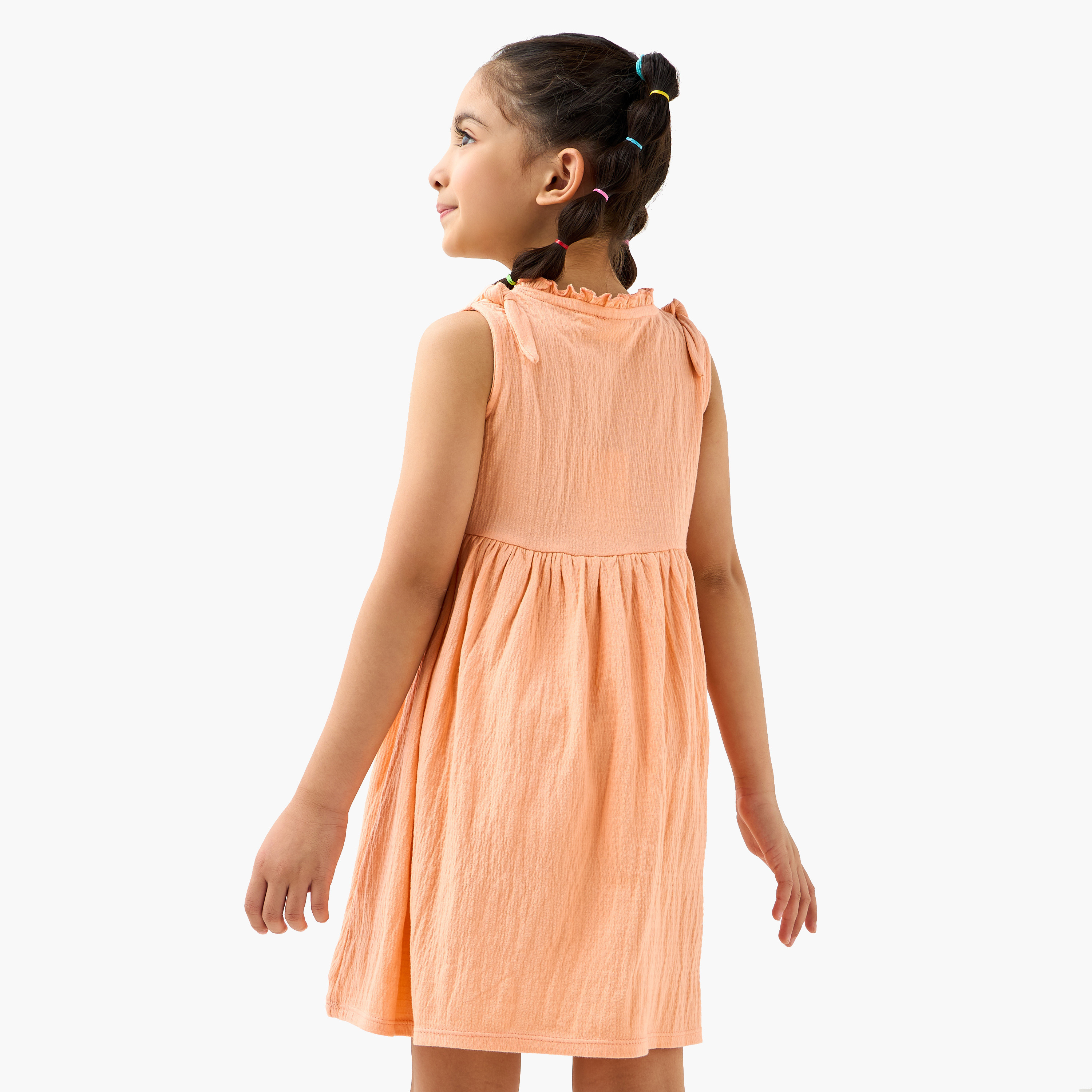 Juniors Textured Sleeveless Dress with Ruffle Trim and Bow Detail-girls-clothing-dressesandjumpsuits-image-3