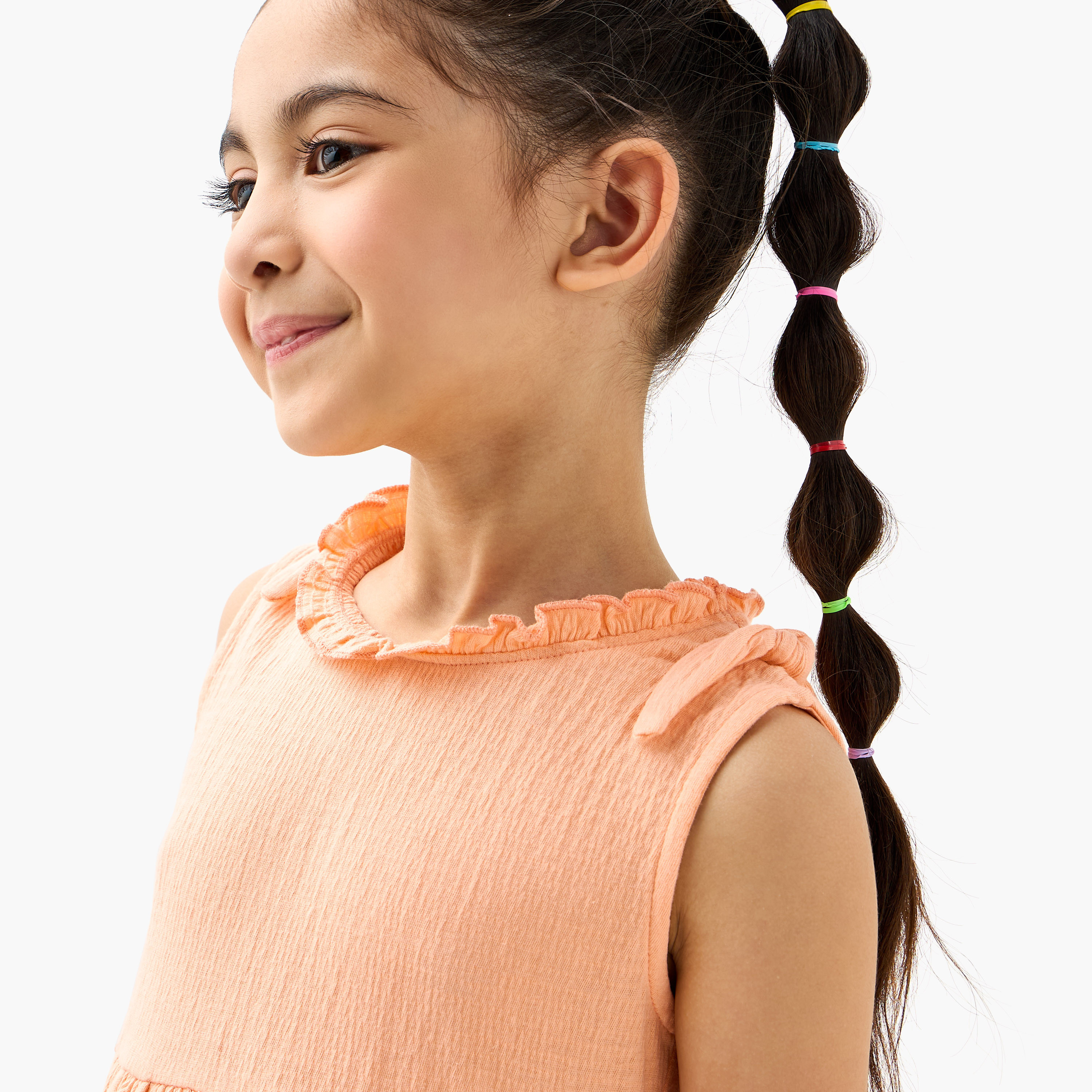 Juniors Textured Sleeveless Dress with Ruffle Trim and Bow Detail-girls-clothing-dressesandjumpsuits-image-4