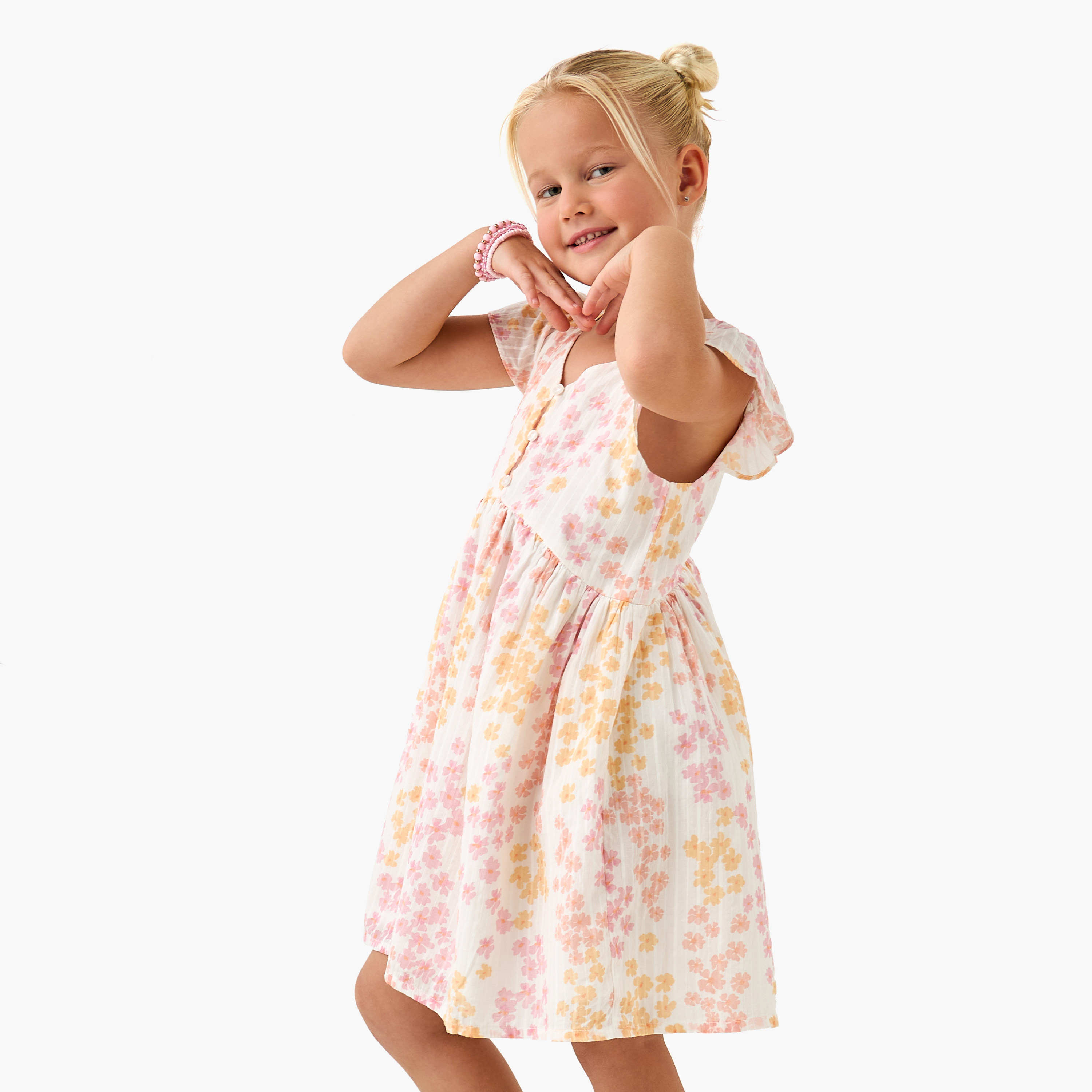 فستان بطبعات زهور بياقة حرف V وأكمام كاب من جونيور-girls-clothing-dressesandjumpsuits-image-1
