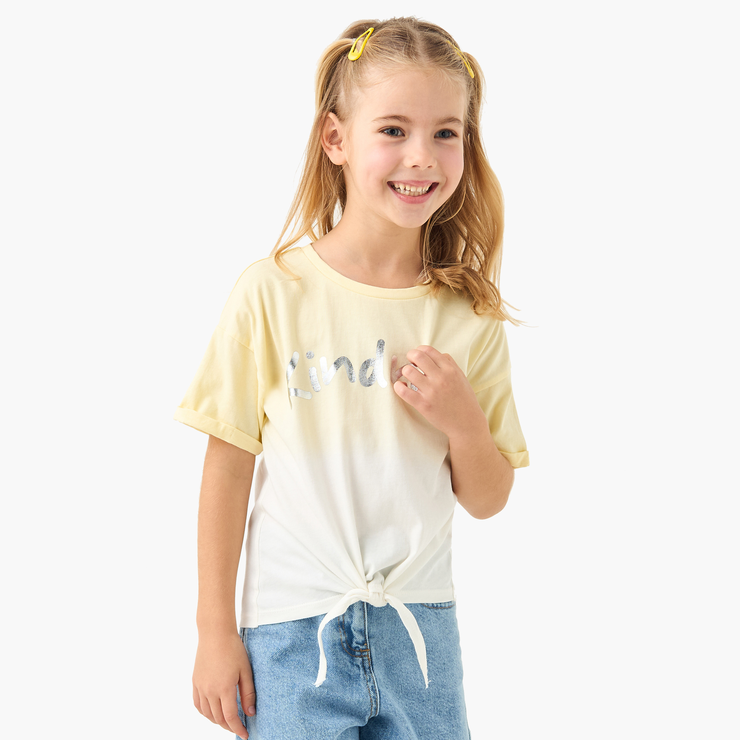 Juniors Printed Crew Neck Top with Short Sleeves and Tie-Up Detail-girls-clothing-tshirts-image-1