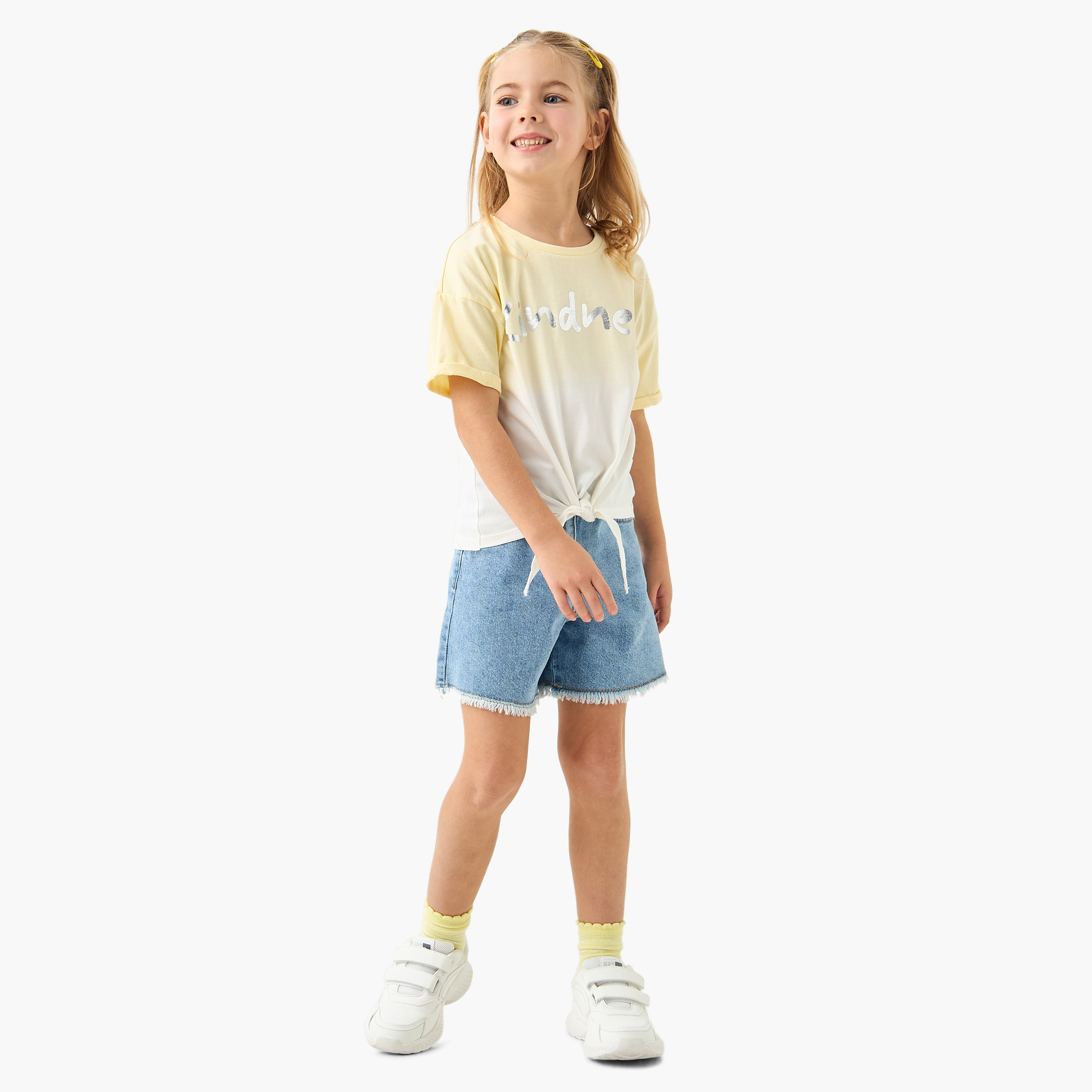 Juniors Printed Crew Neck Top with Short Sleeves and Tie-Up Detail-girls-clothing-tshirts-image-2