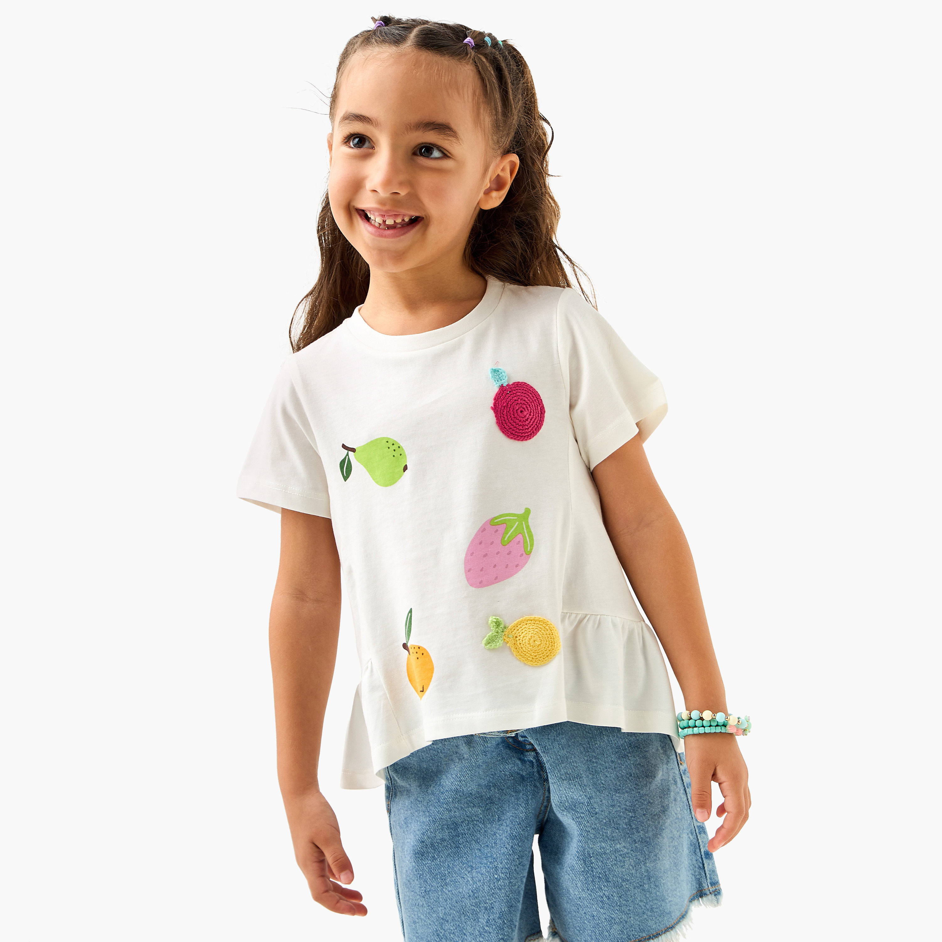 Juniors Applique Detail T-shirt with Short Sleeves-girls-clothing-tshirts-image-1