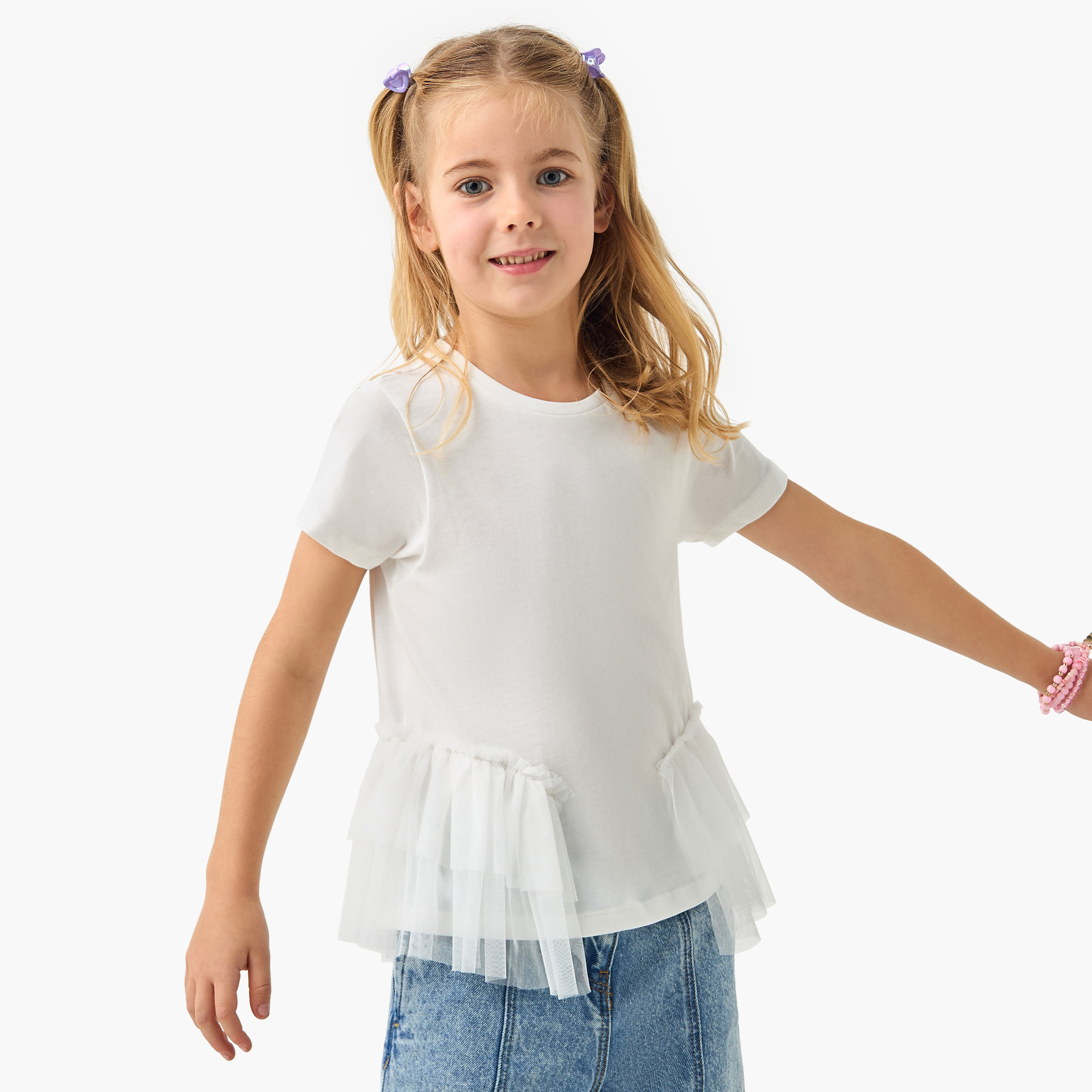 تيشيرت سادة بتفاصيل تول جانبية من جونيورز-girls-clothing-tshirts-image-1