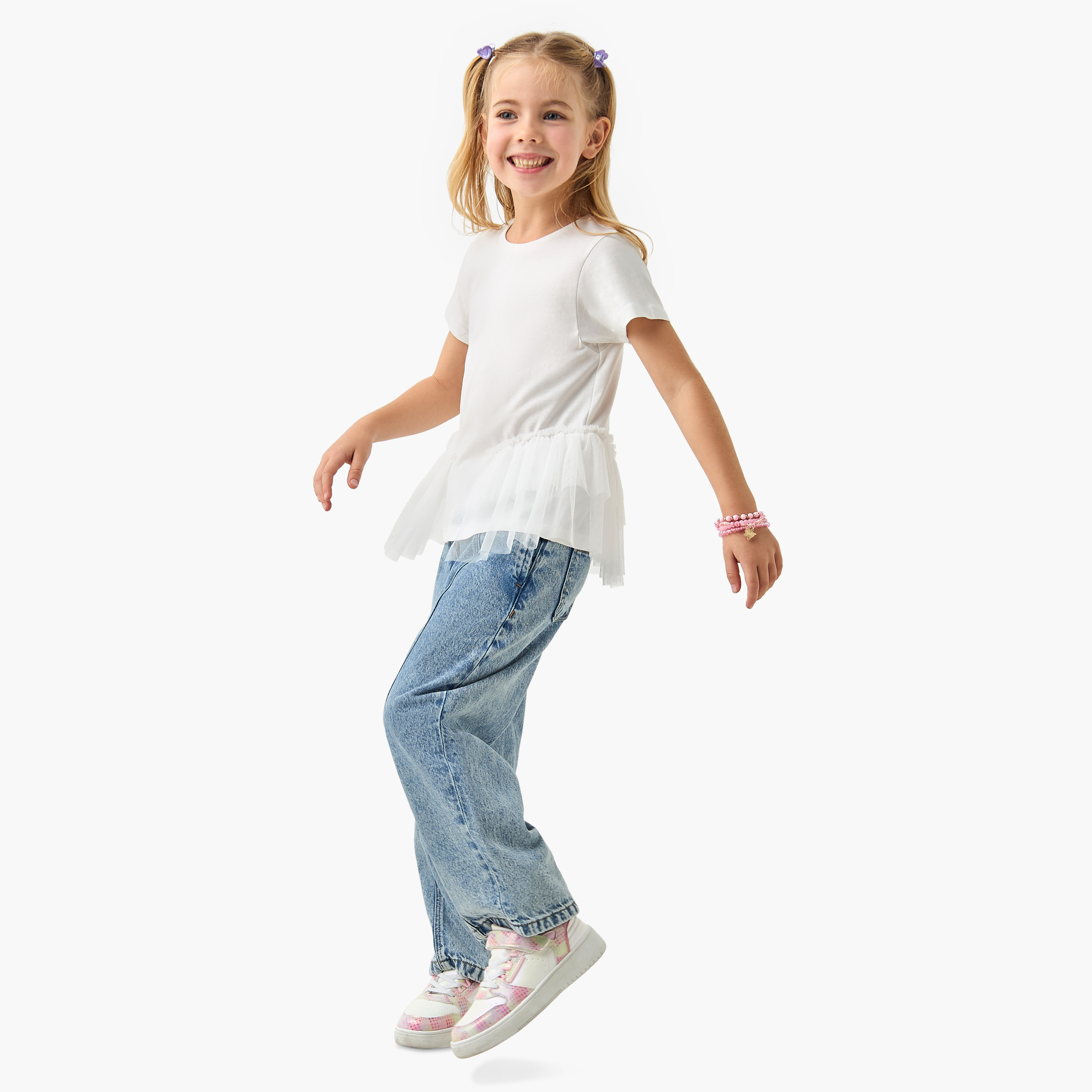 تيشيرت سادة بتفاصيل تول جانبية من جونيورز-girls-clothing-tshirts-image-2