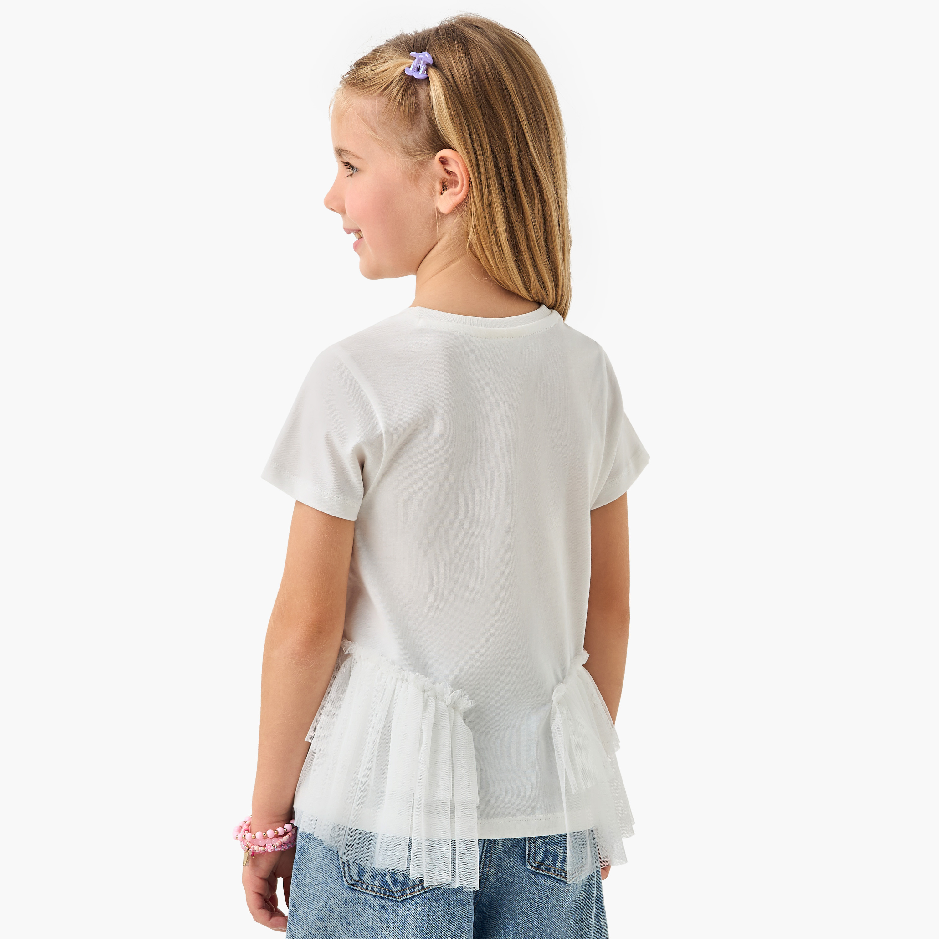 تيشيرت سادة بتفاصيل تول جانبية من جونيورز-girls-clothing-tshirts-image-3