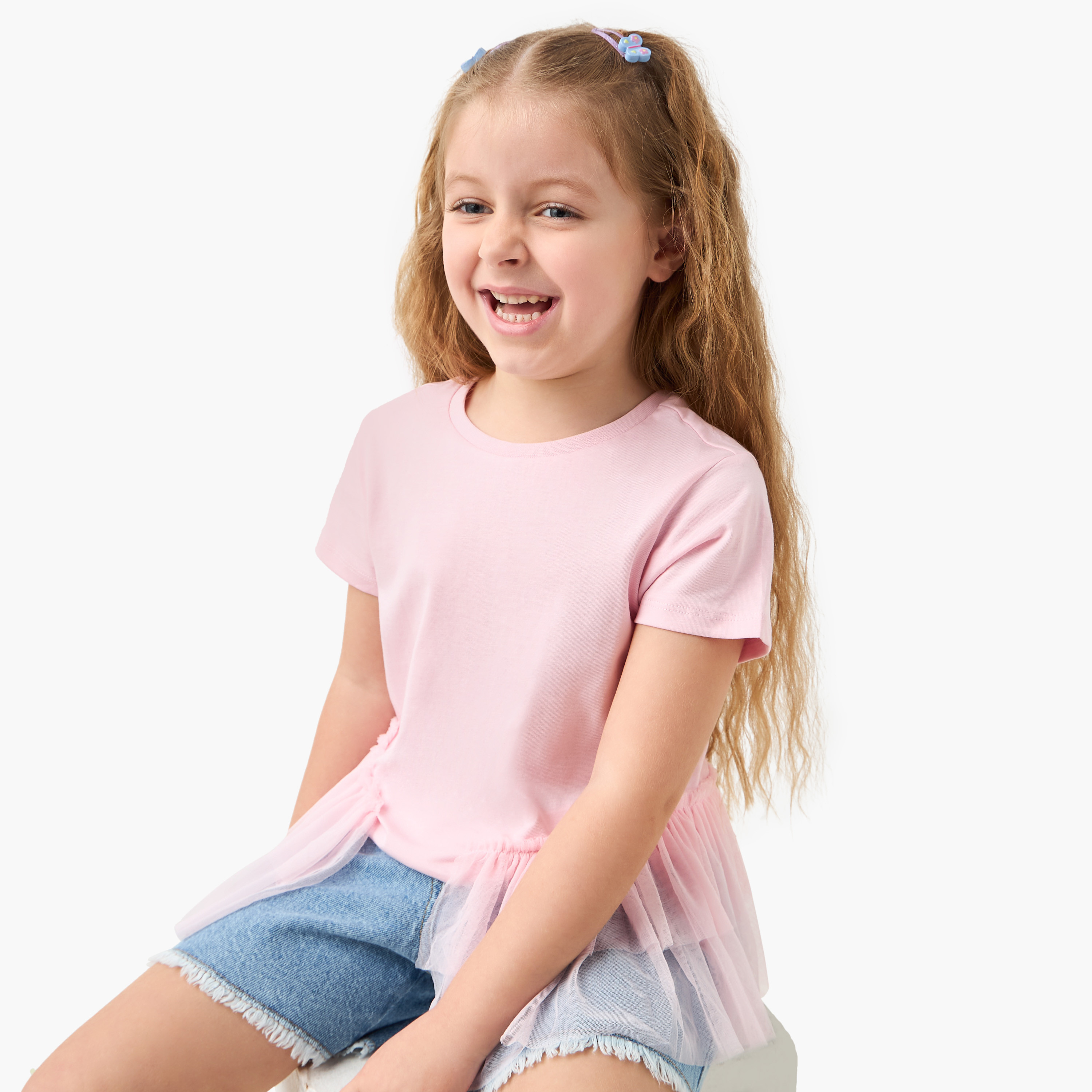 Juniors Solid Top with Tulle Detail and Short Sleeves-girls-clothing-tshirts-image-1