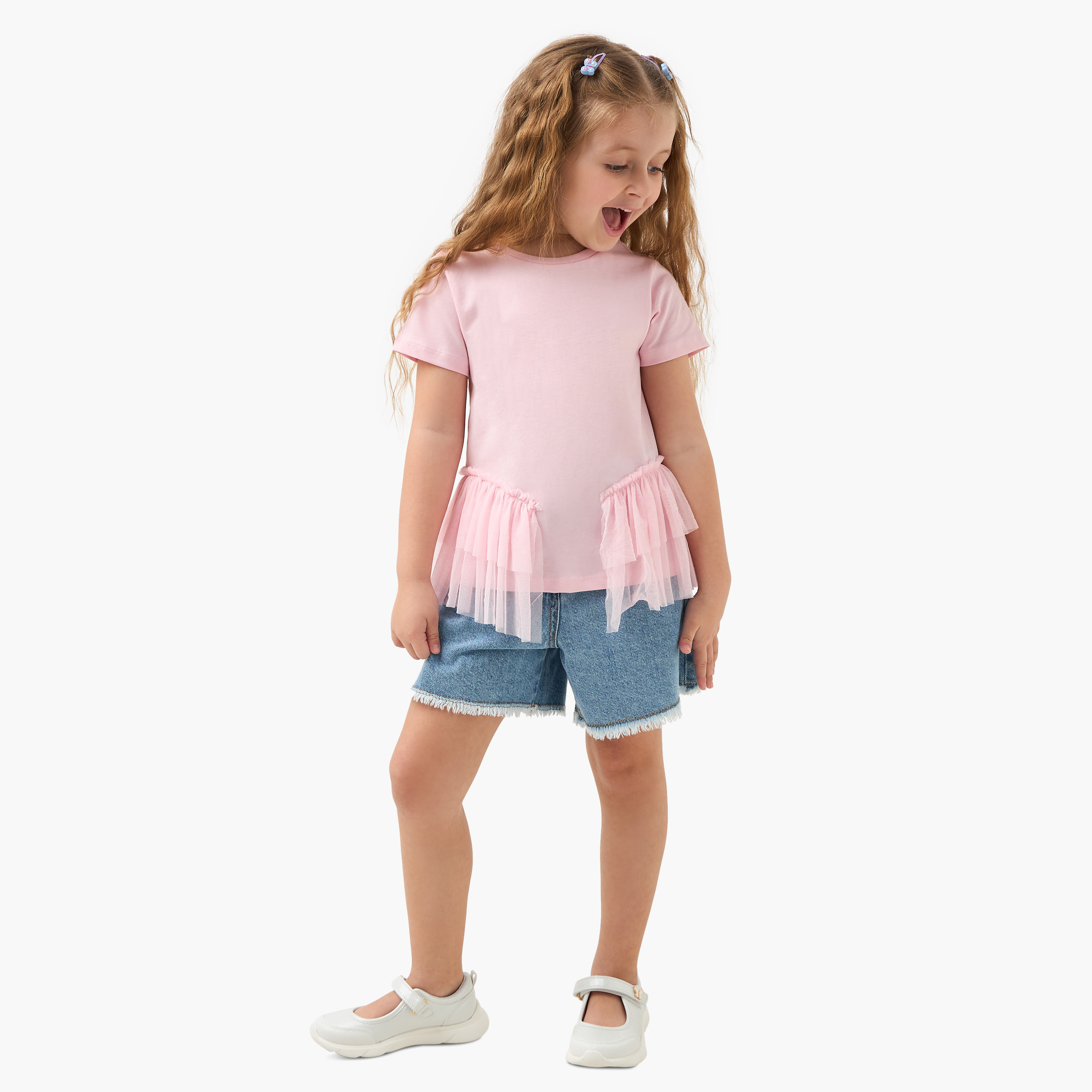 Juniors Solid Top with Tulle Detail and Short Sleeves-girls-clothing-tshirts-image-2