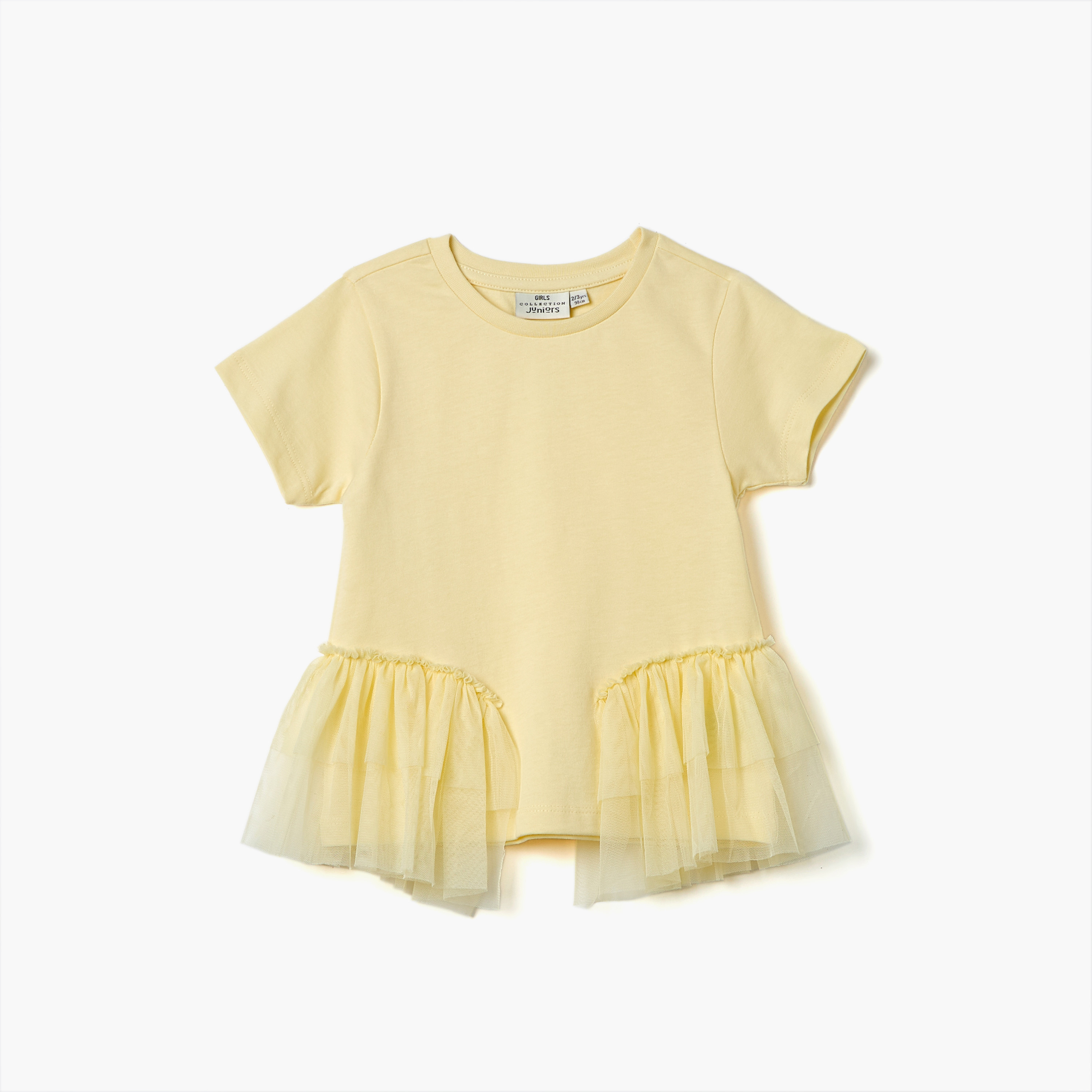 Juniors Solid T-shirt with Tulle Detail and Short Sleeves-girls-clothing-tshirts-image-1