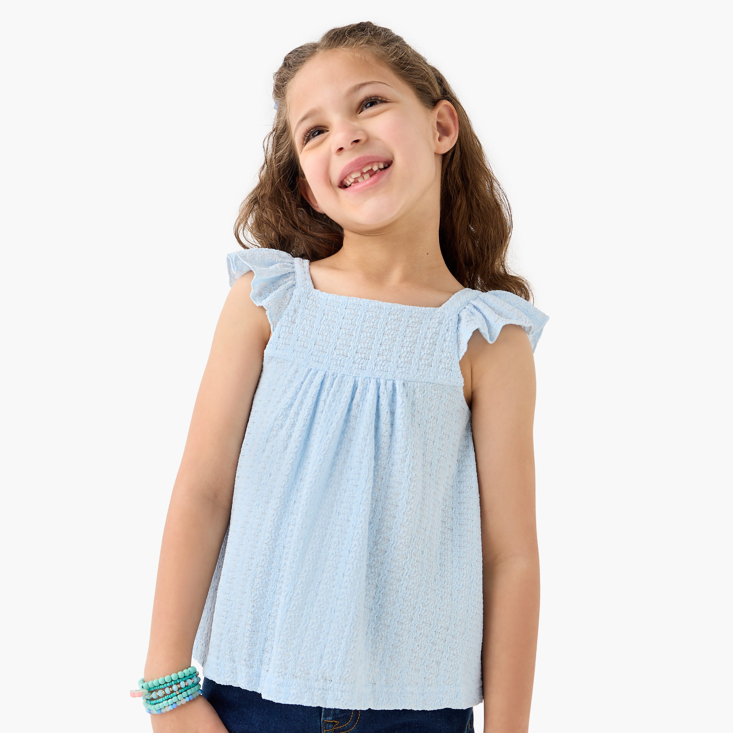 بلوزة بارزة الملمس دون أكمام بياقة مربعة وفيونكة من جونيورز-girls-clothing-blousesandshirts-image-1
