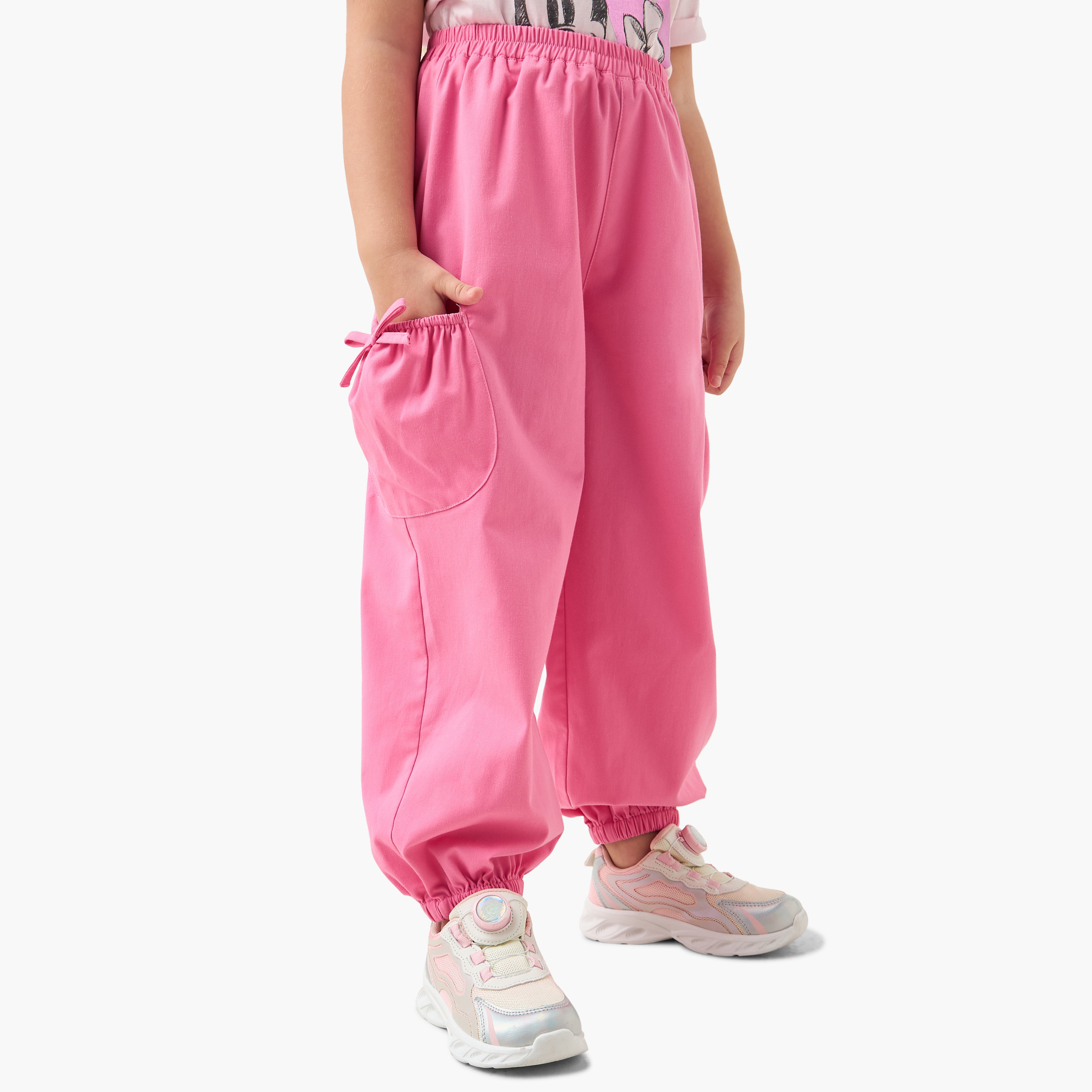 Juniors Solid Cargo Joggers with Bow Detail and Elasticated Waistband-girls-clothing-bottoms-joggersandtrackpants-image-1